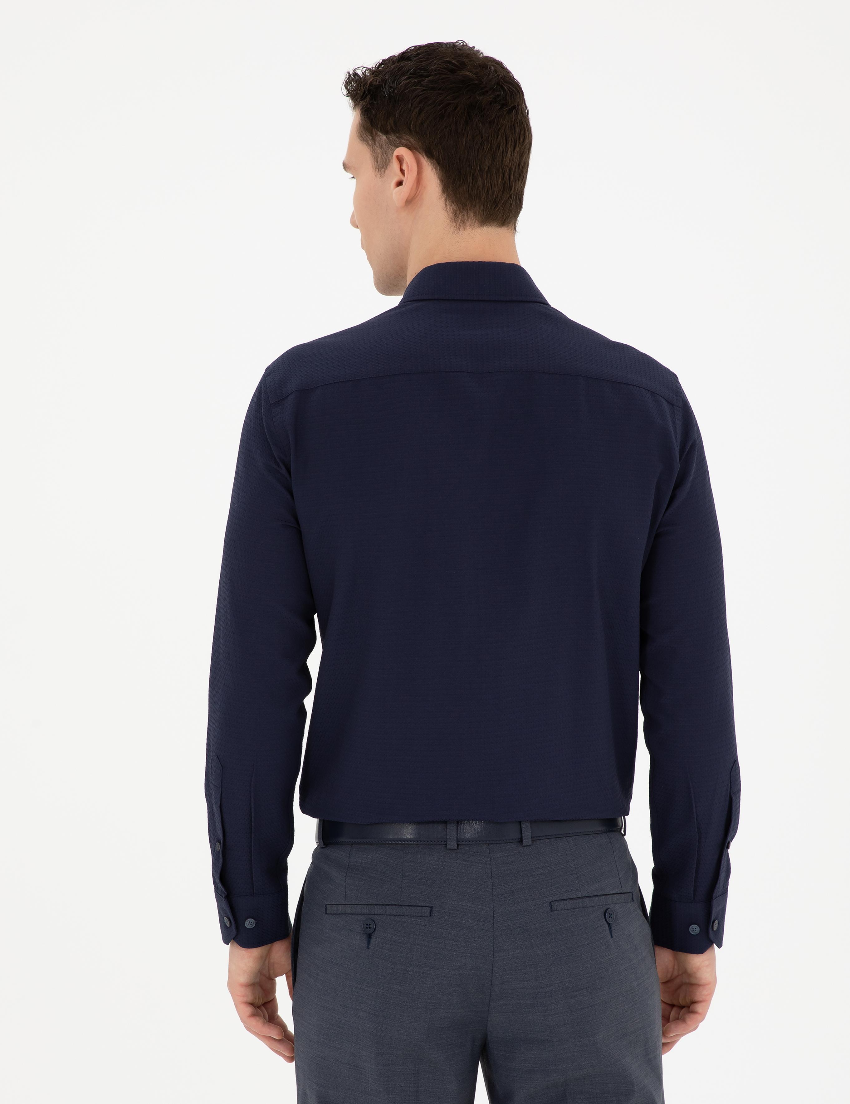 Lacivert Slim Fit Armürlü Uzun Kollu Gömlek