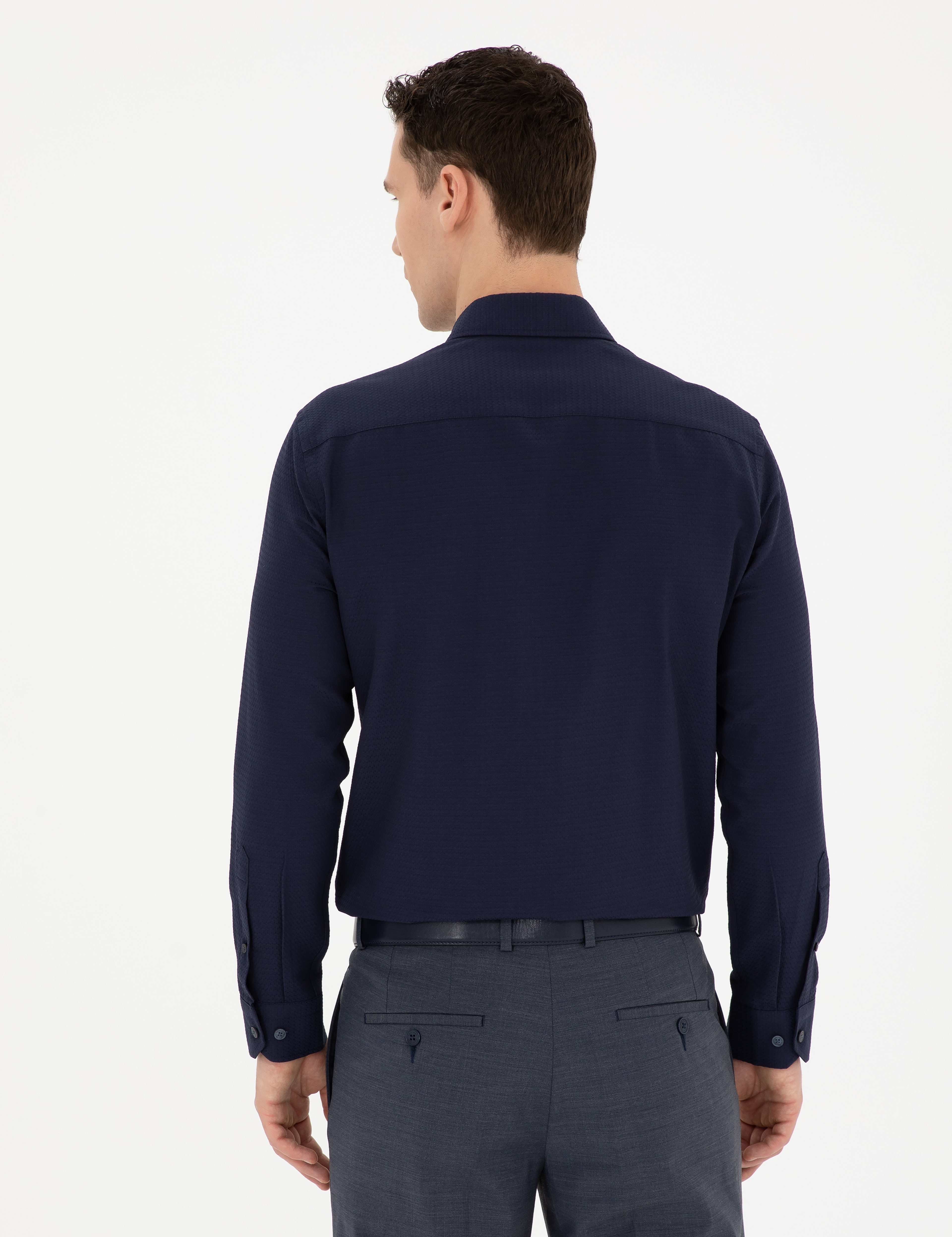 Lacivert Slim Fit Armürlü Uzun Kollu Gömlek - Image 5