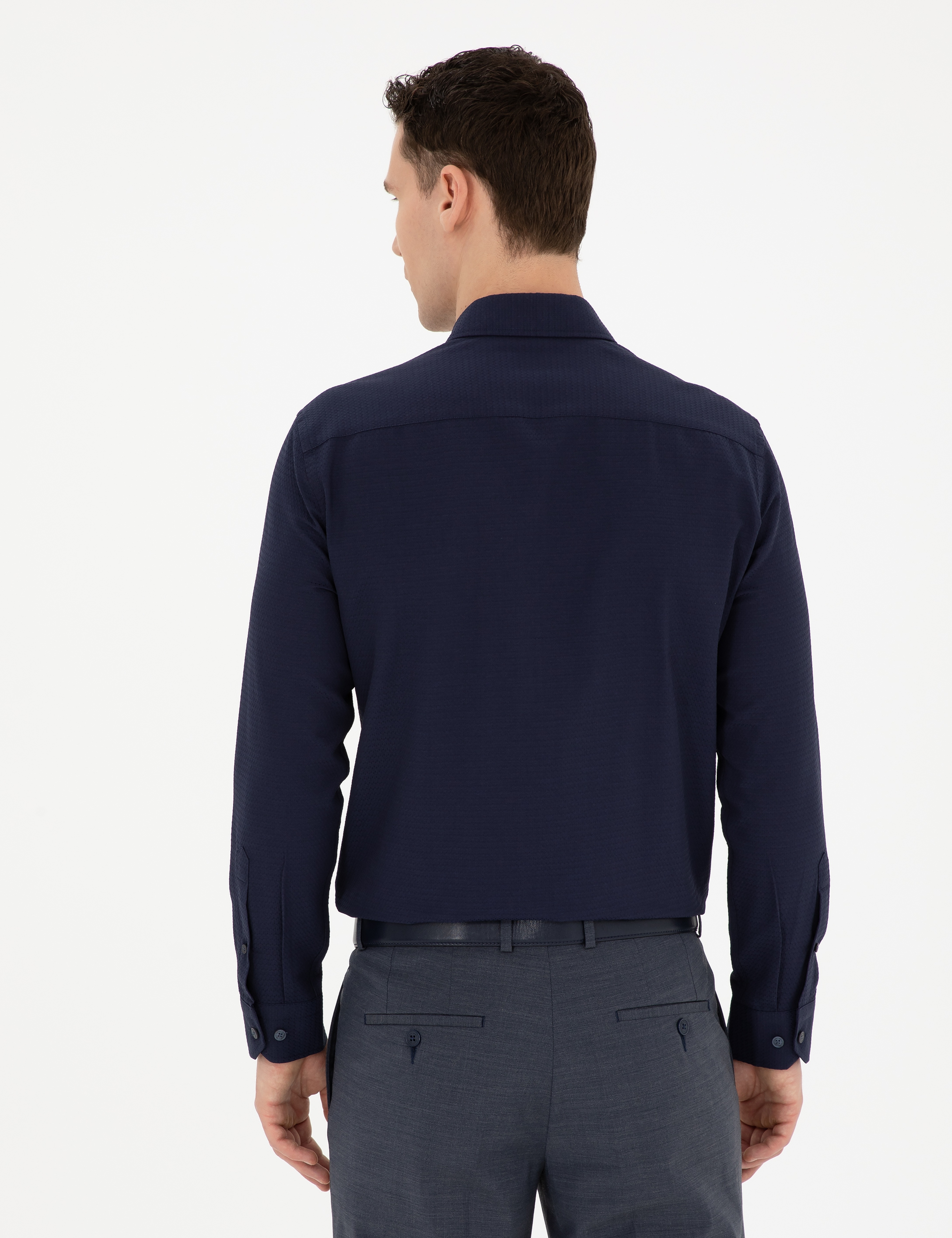 Lacivert Slim Fit Armürlü Uzun Kollu Gömlek