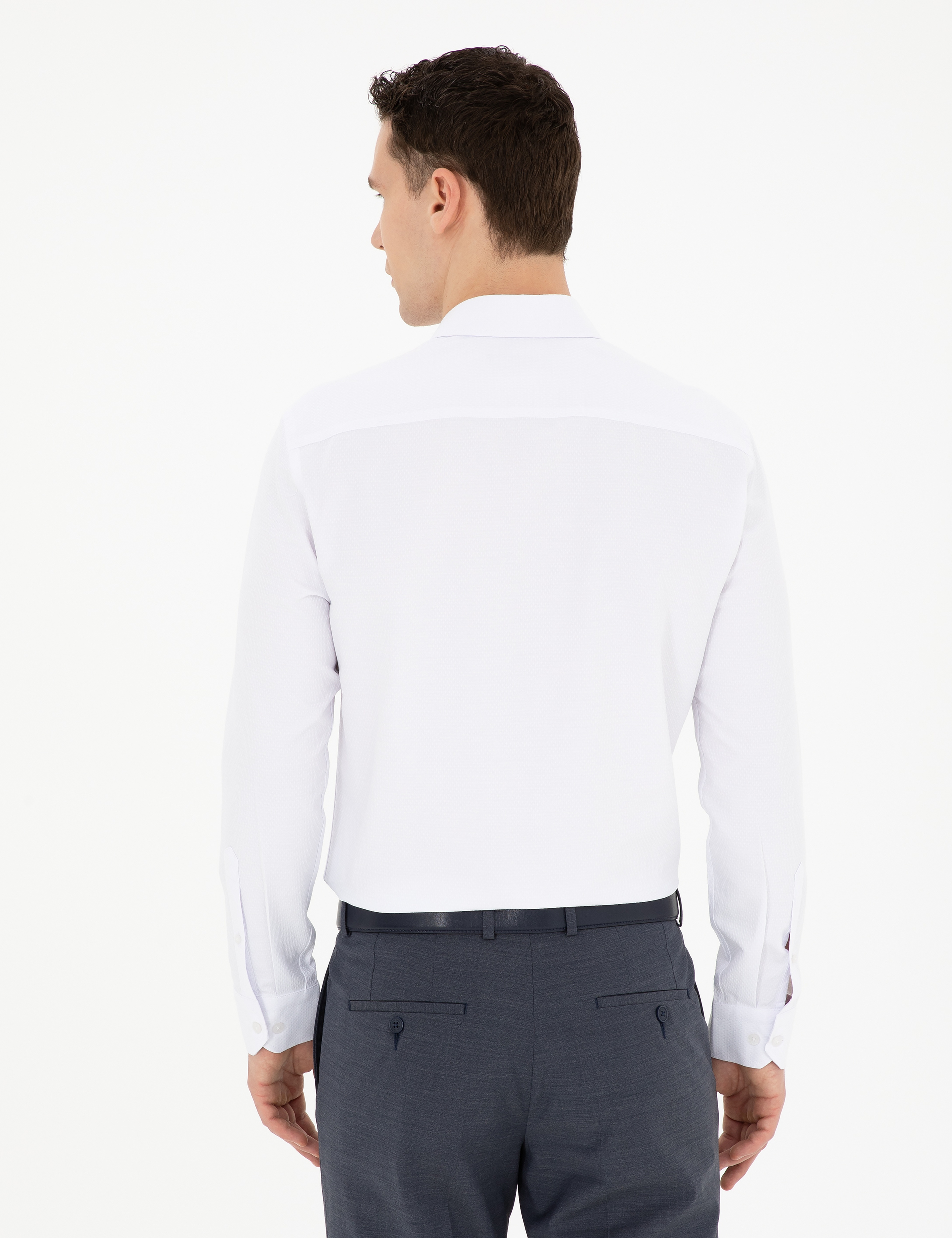Beyaz Slim Fit Armürlü Uzun Kollu Gömlek - Image 5