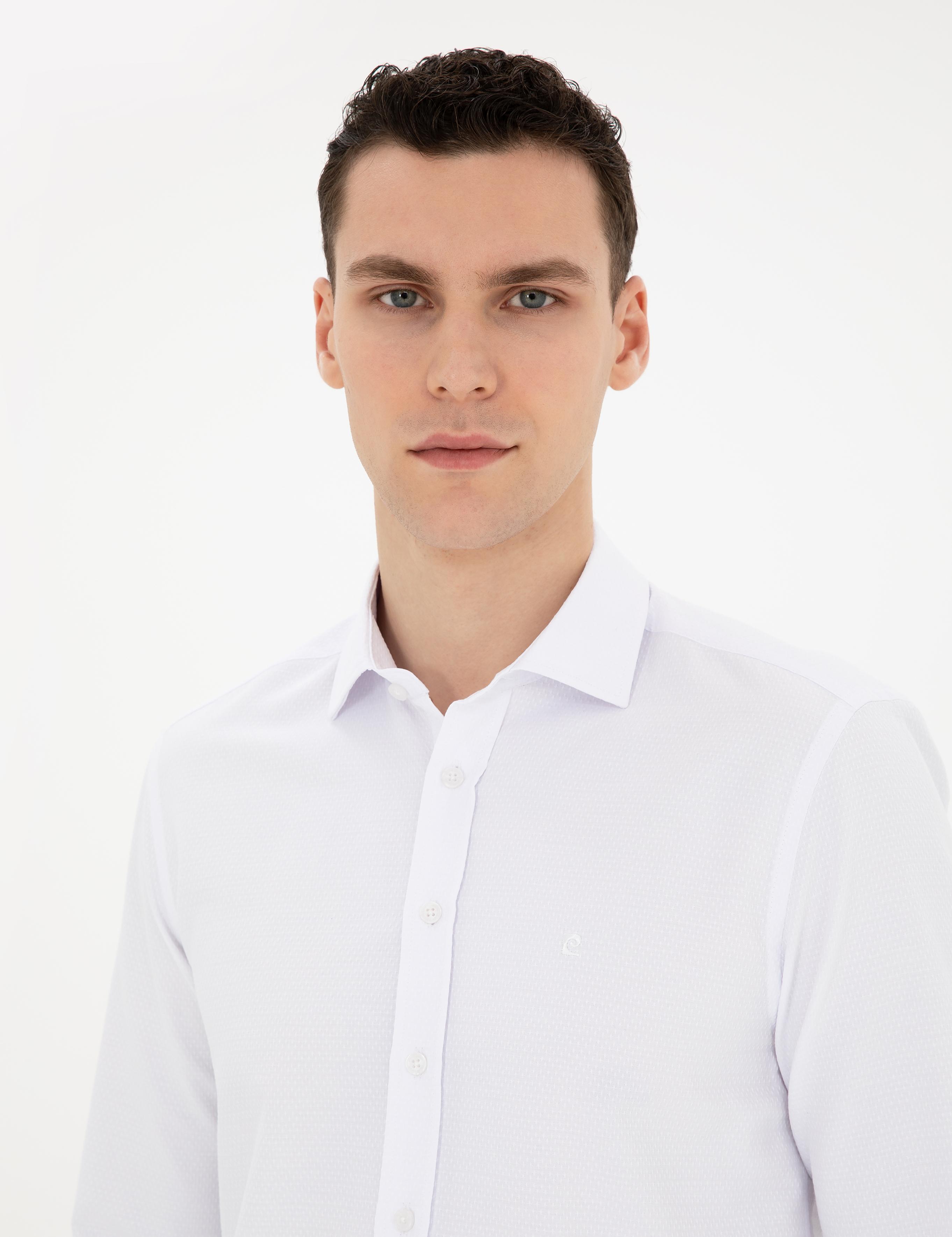 Beyaz Slim Fit Armürlü Uzun Kollu Gömlek