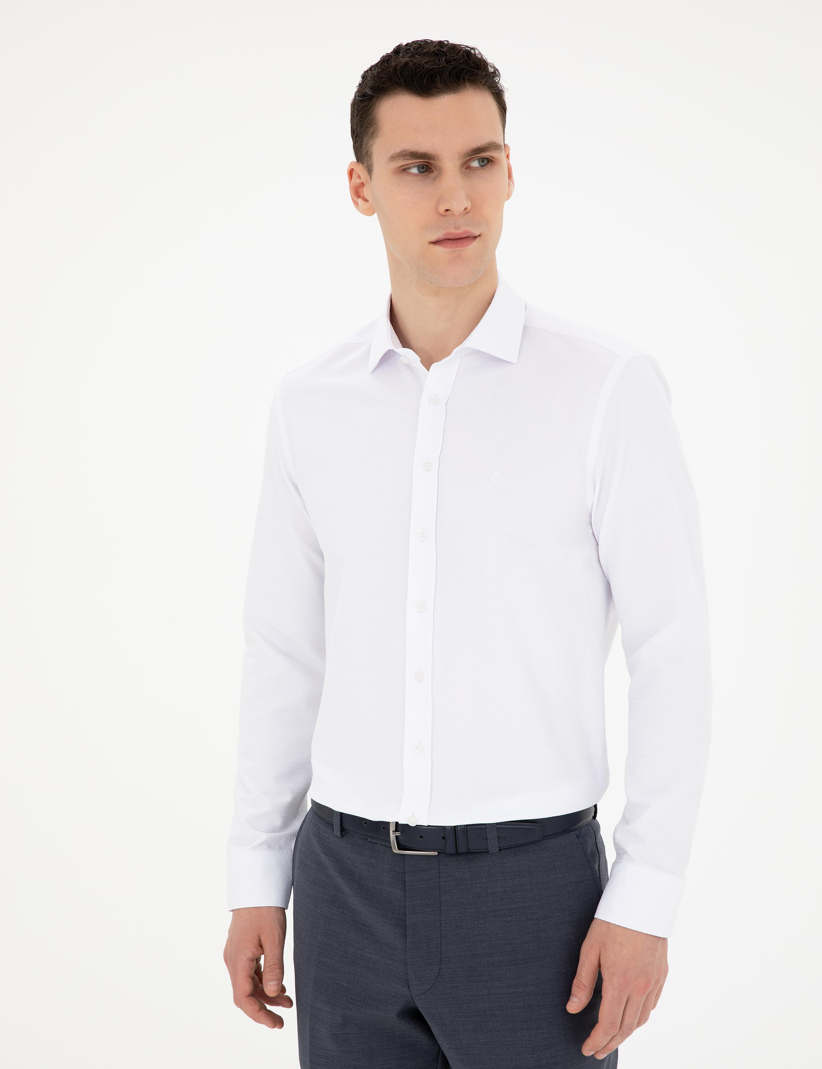 Beyaz Slim Fit Armürlü Uzun Kollu Gömlek