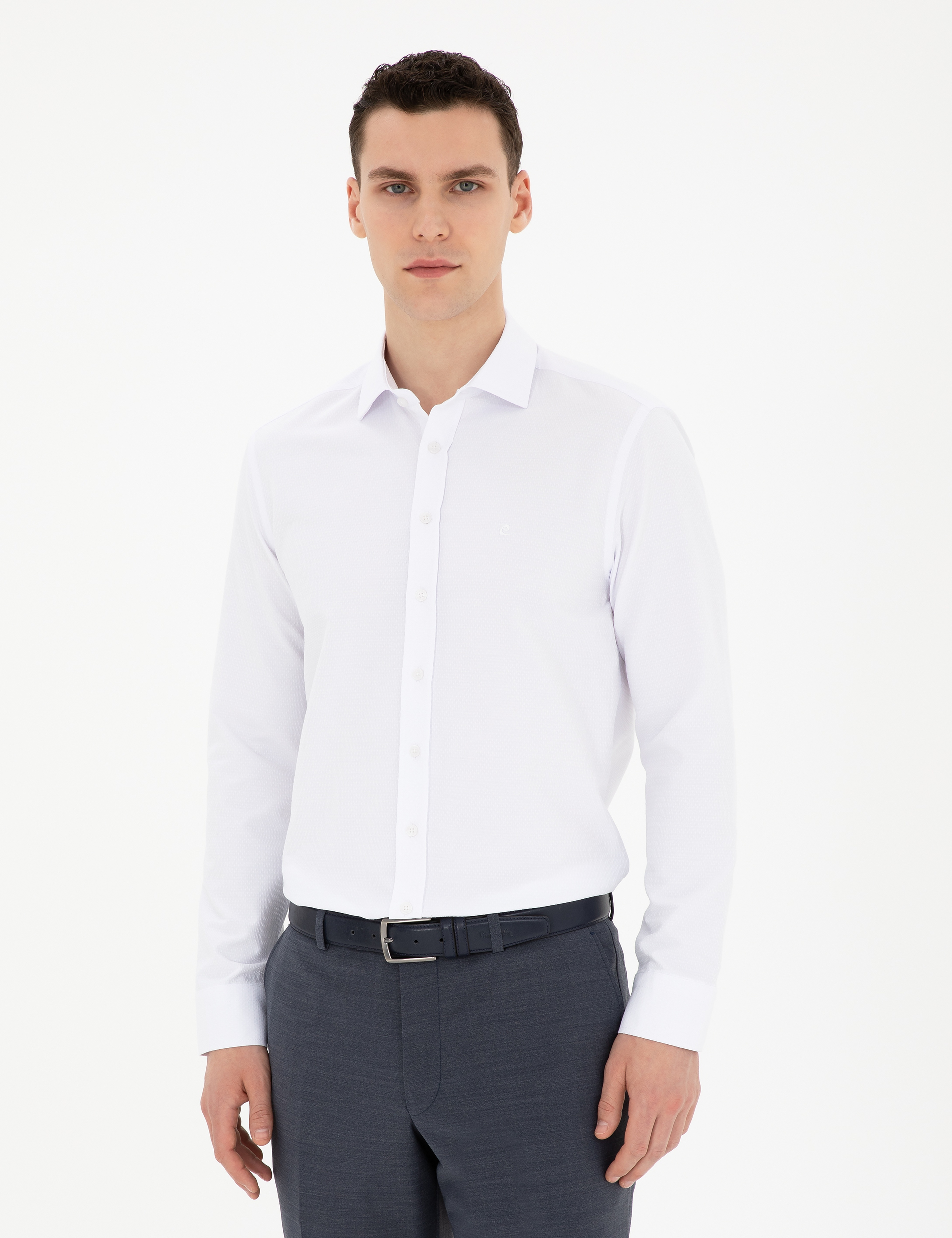 Beyaz Slim Fit Armürlü Uzun Kollu Gömlek - Image 1
