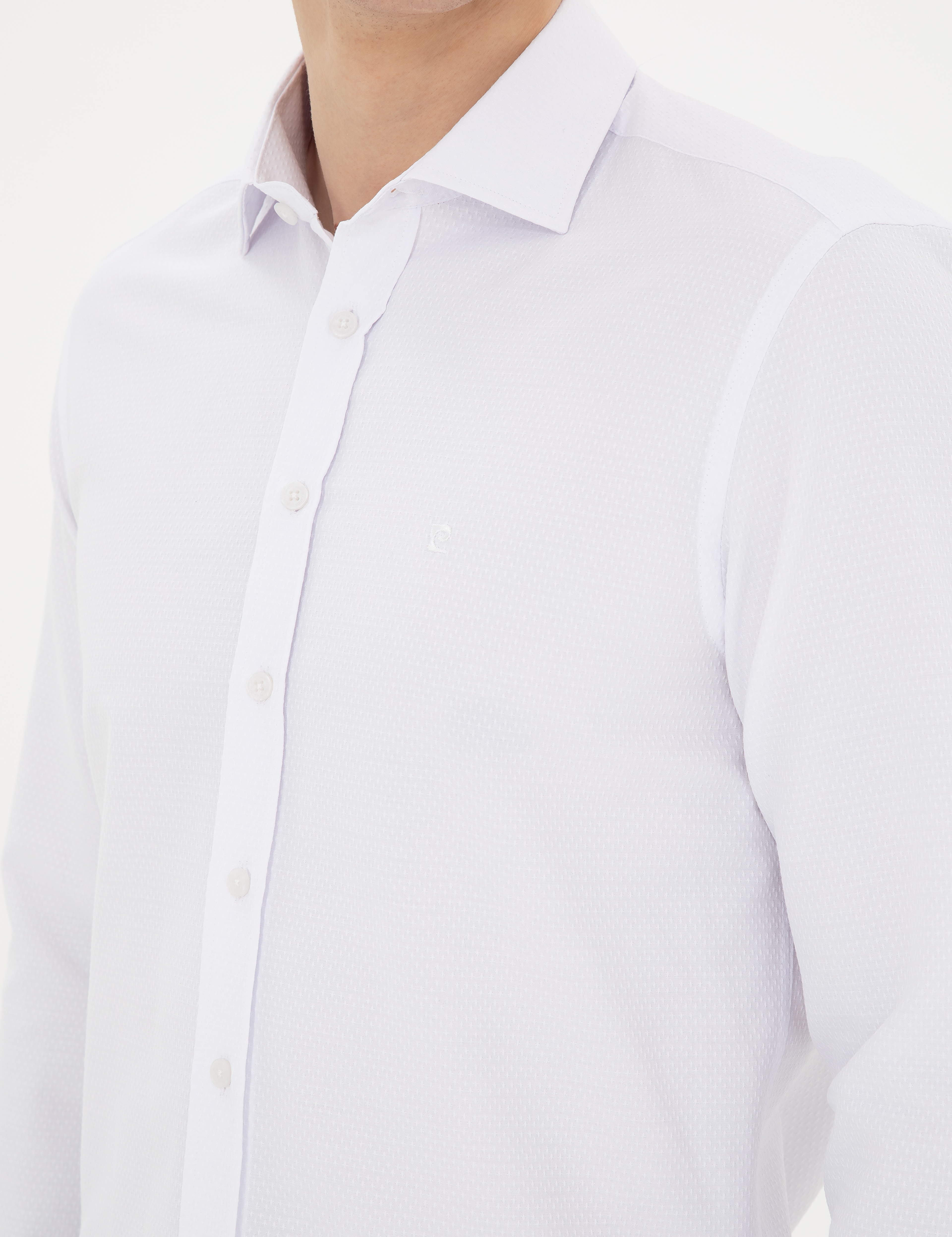 Beyaz Slim Fit Armürlü Uzun Kollu Gömlek - Image 7