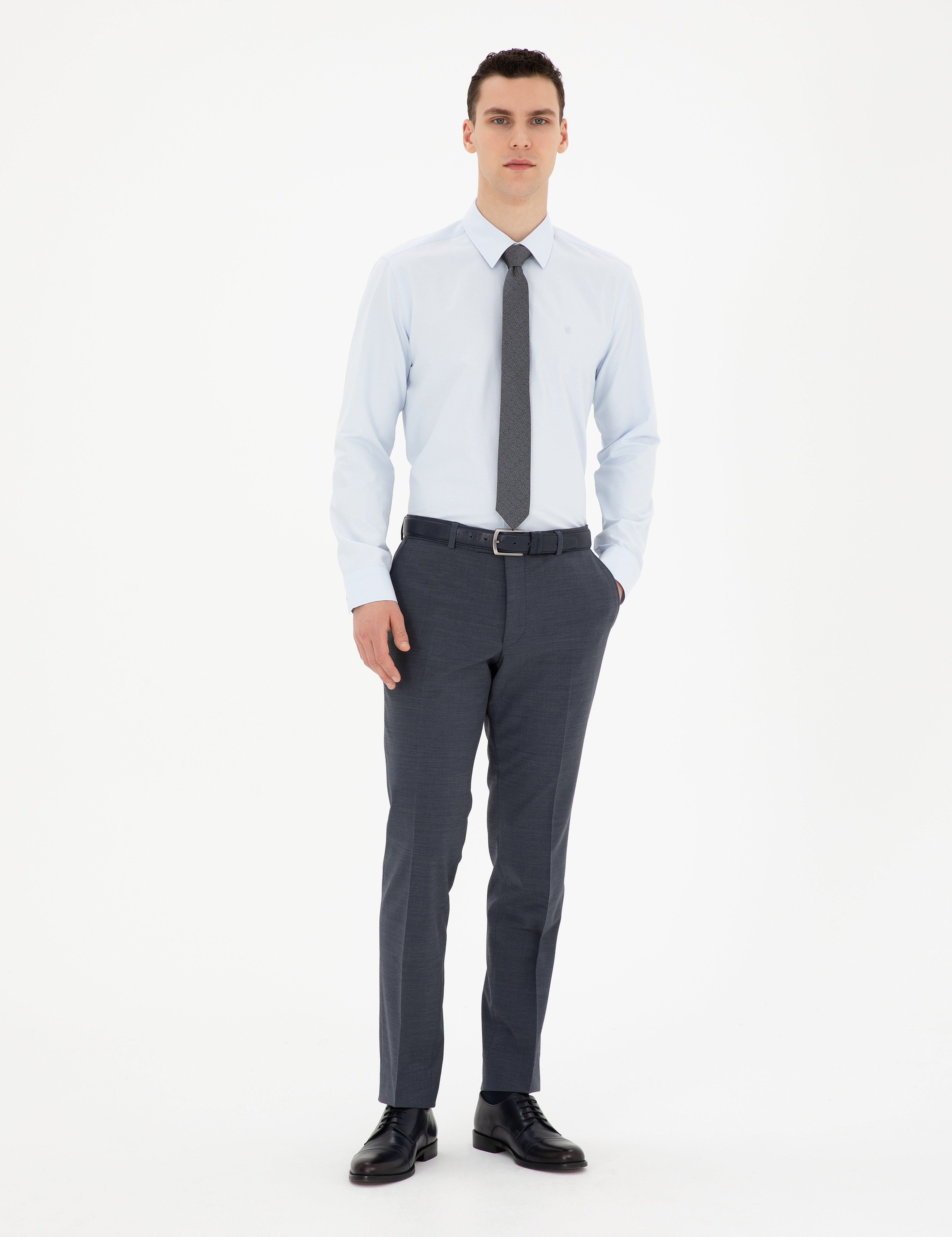 Açık Mavi Slim Fit Uzun Kollu Basic Gömlek - Image 4