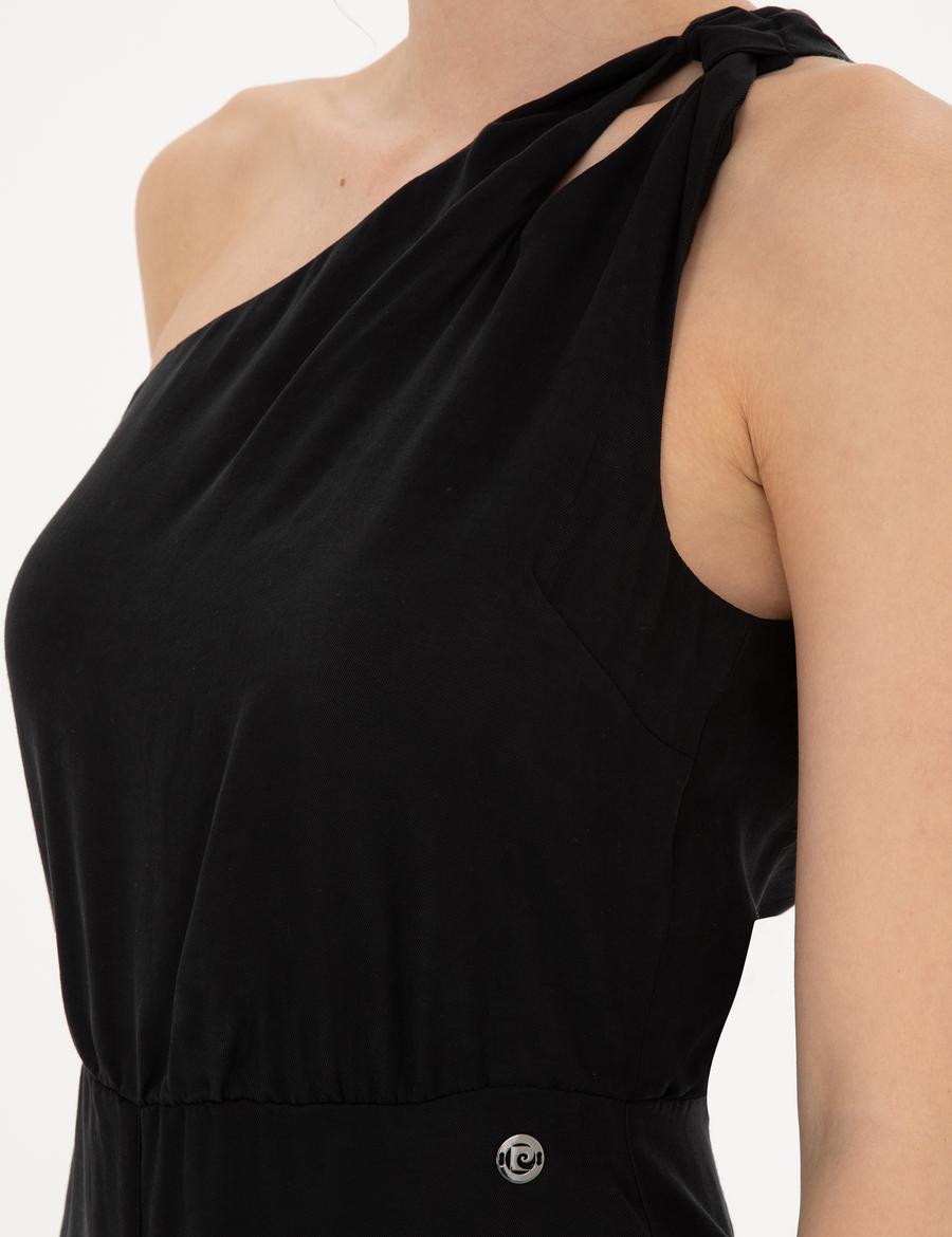 Siyah Tek Omuz Dokuma Tulum