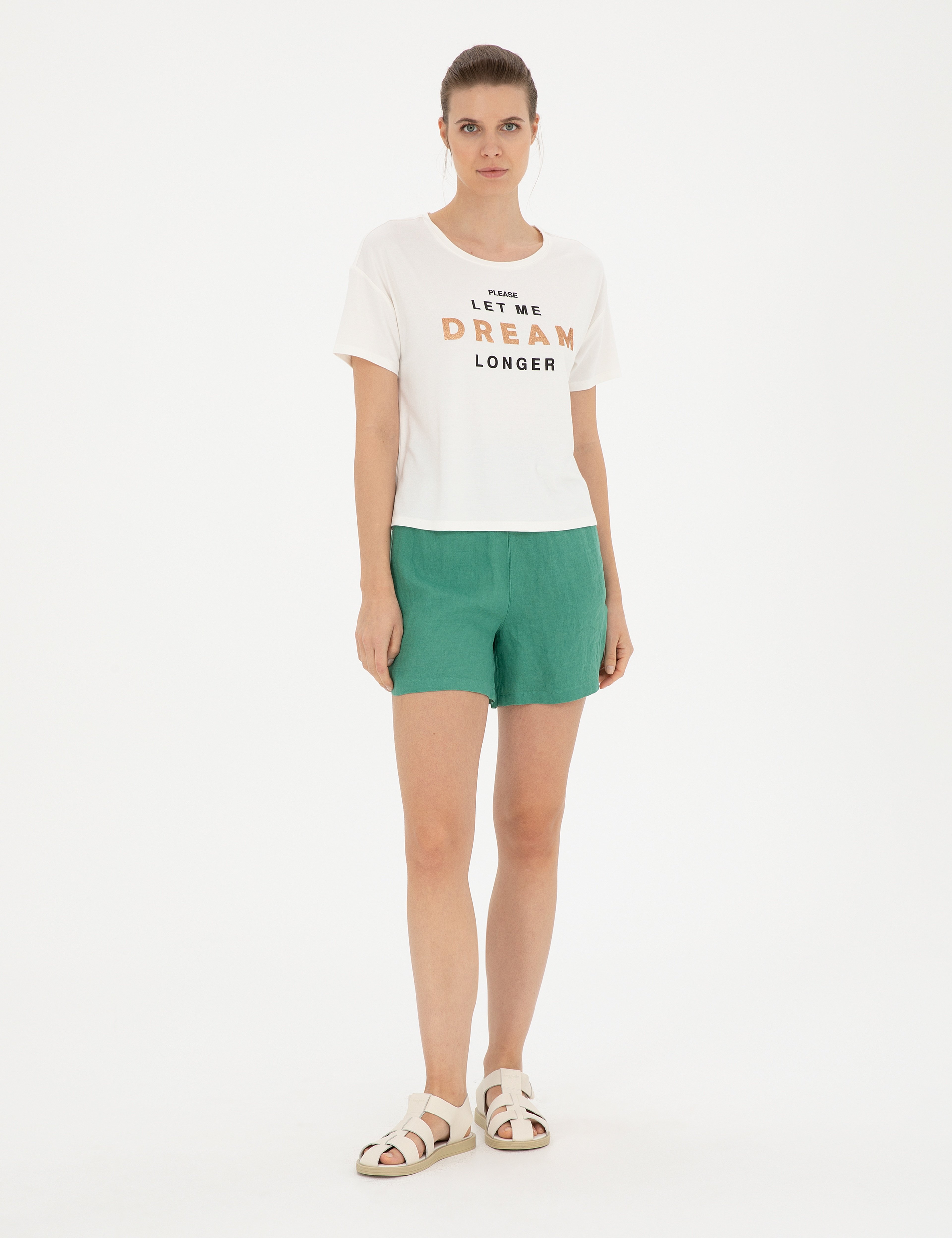 Yeşil Keten Comfort Fit Bermuda Şort