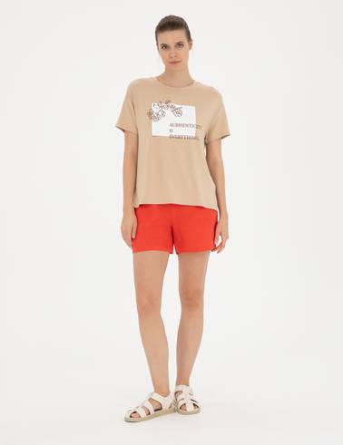 Nar Çiçeği Keten Comfort Fit Bermuda Şort