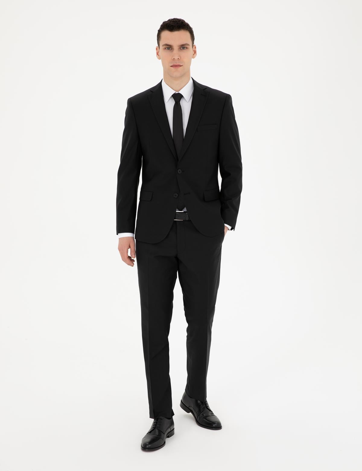 Siyah Slim Fit Yün Karışımlı Takım Elbise