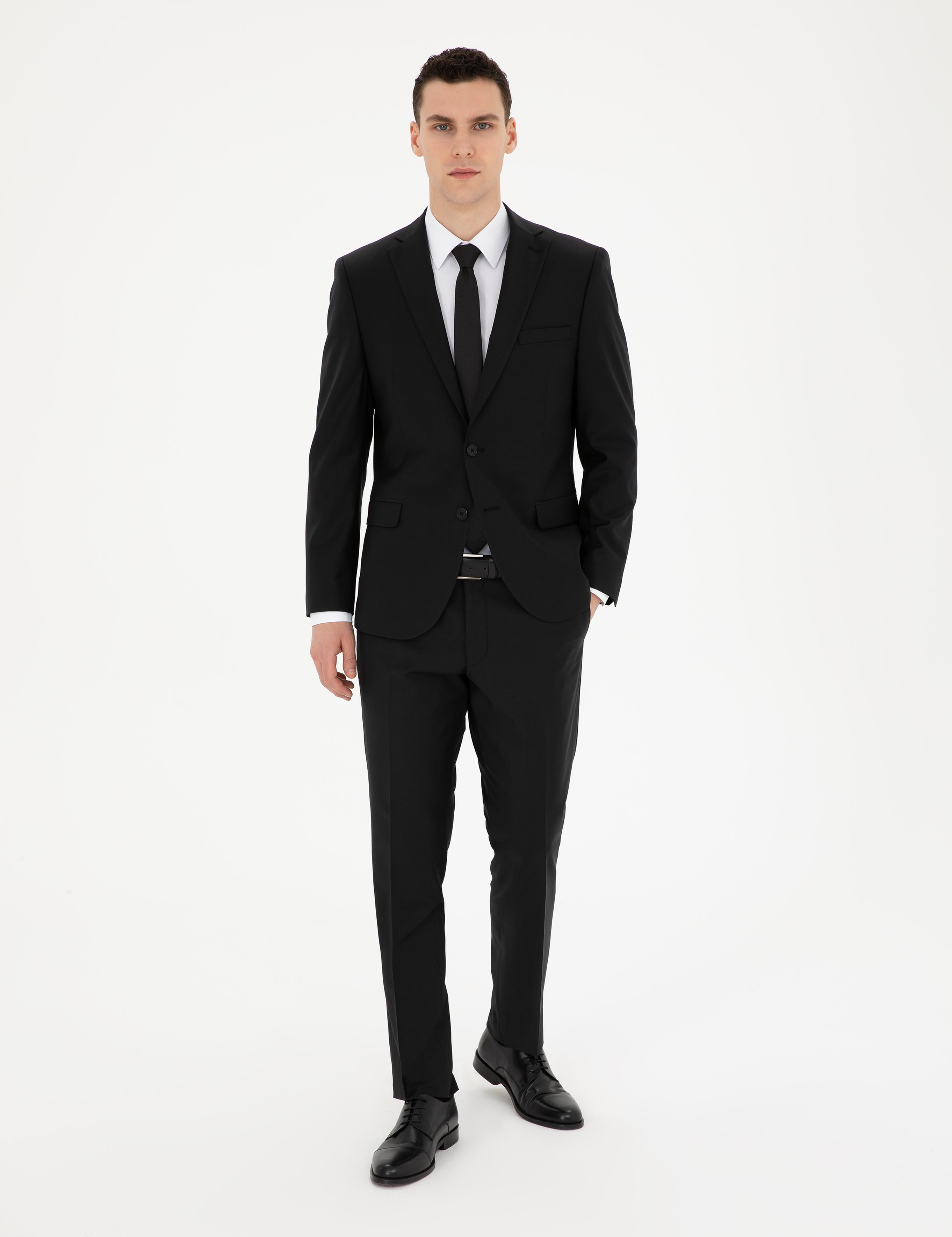 Siyah Slim Fit Yün Karışımlı Takım Elbise