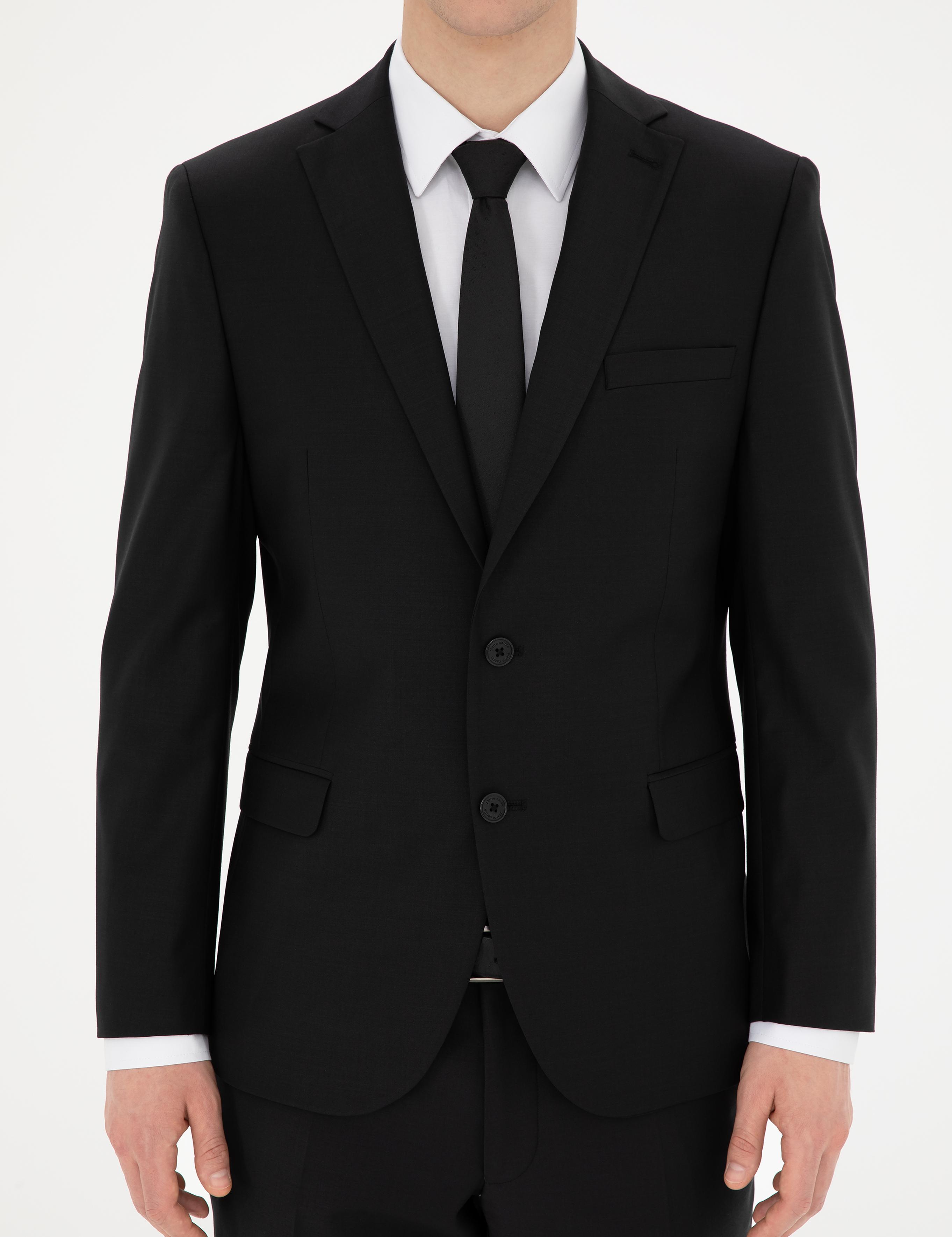 Siyah Slim Fit Yün Karışımlı Takım Elbise