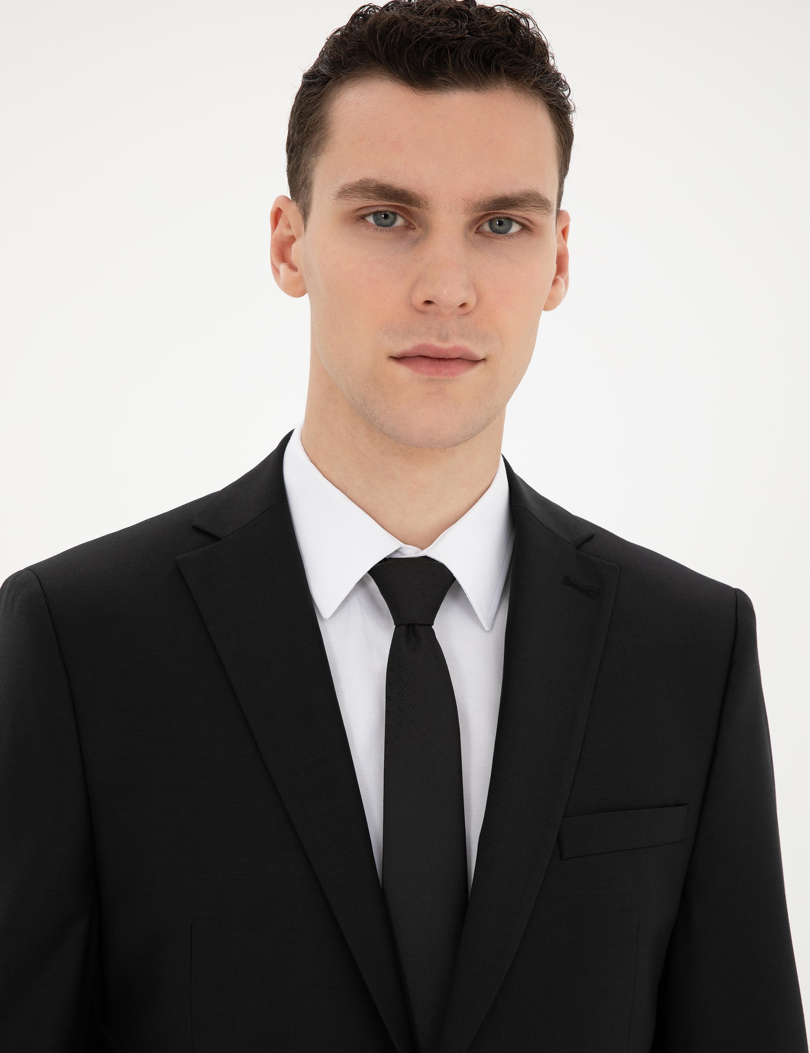 Siyah Slim Fit Yün Karışımlı Takım Elbise