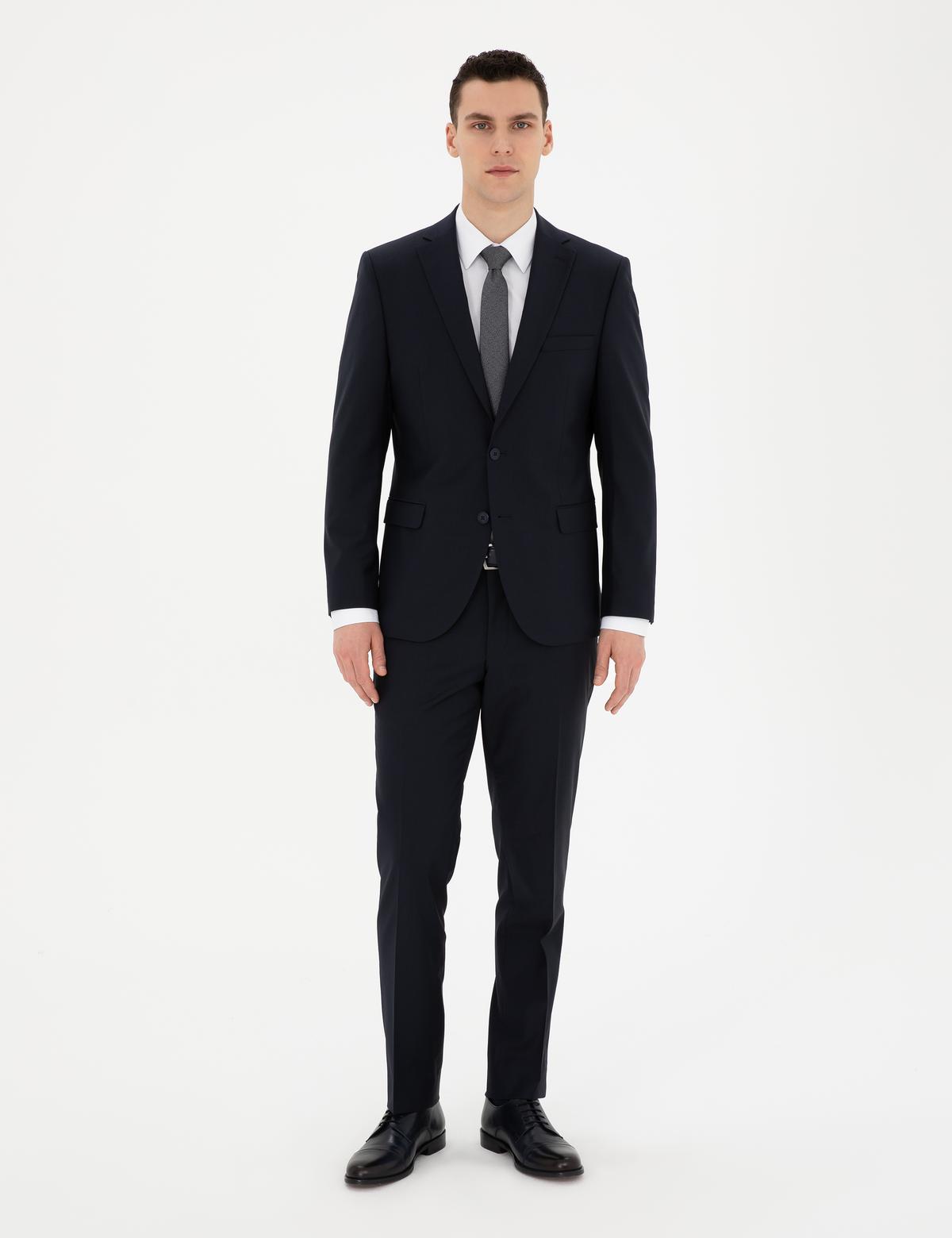 Lacivert Slim Fit Yün Karışımlı Takım Elbise