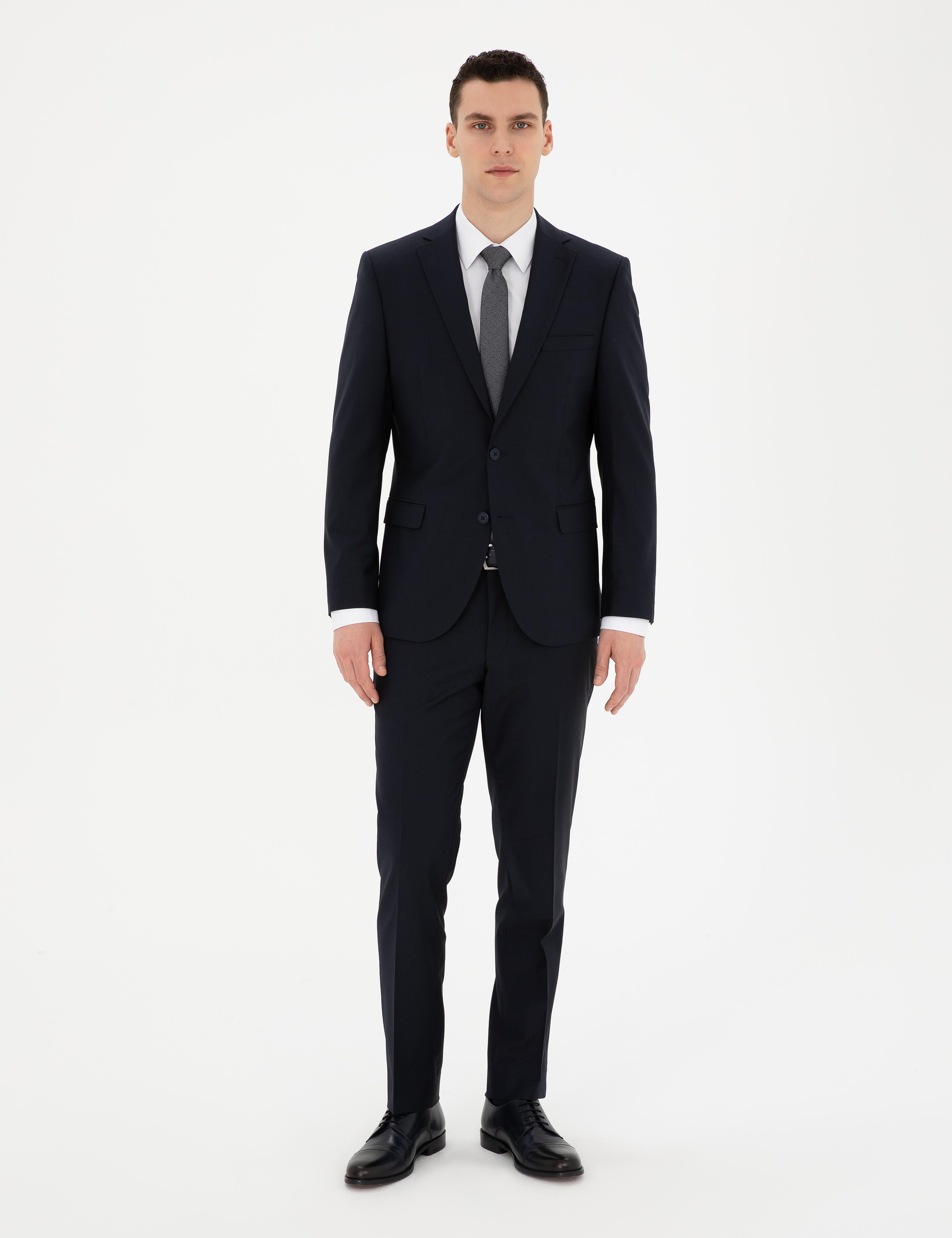 Lacivert Slim Fit Yün Karışımlı Takım Elbise