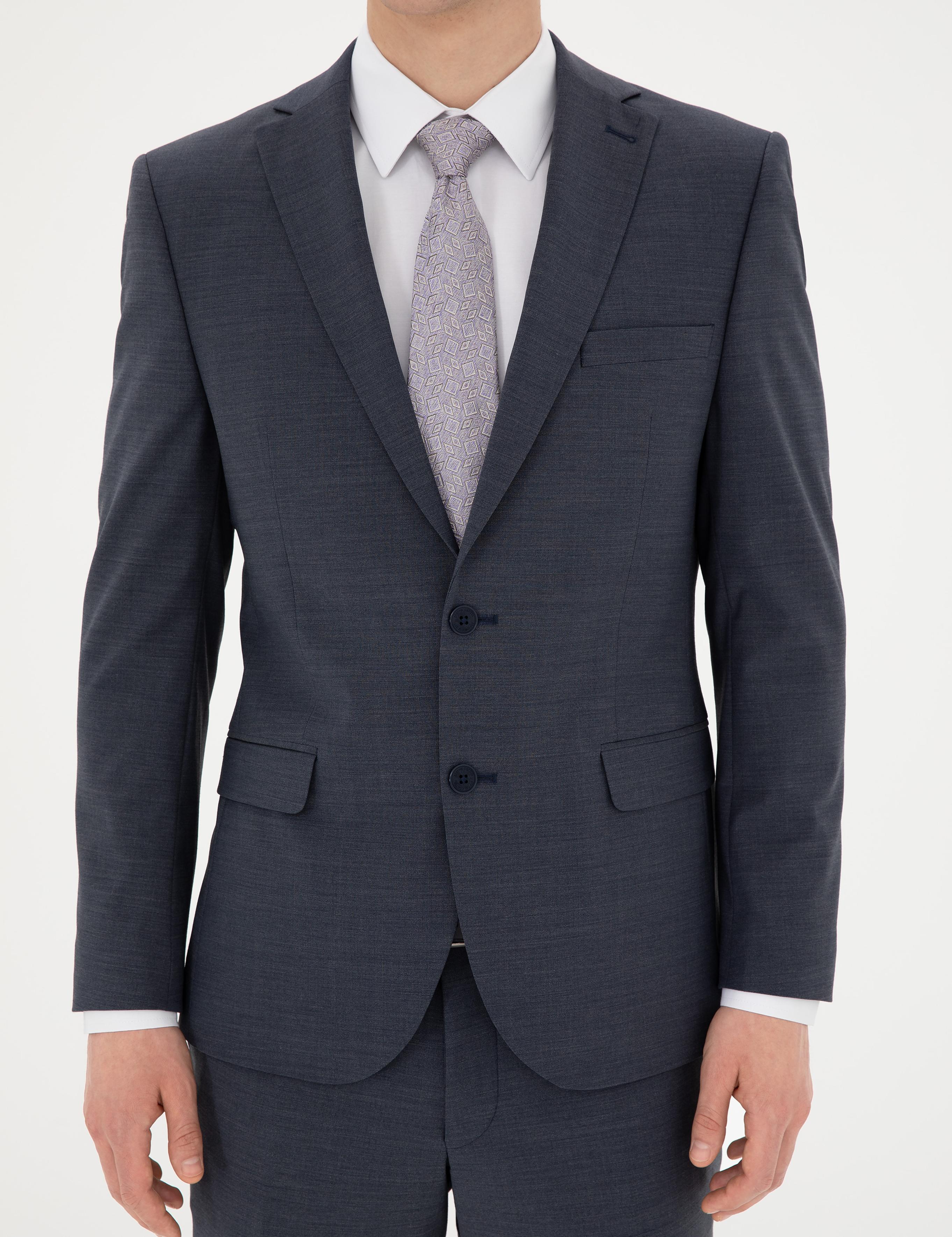 Koyu Mavi Slim Fit Yün Karışımlı Takım Elbise