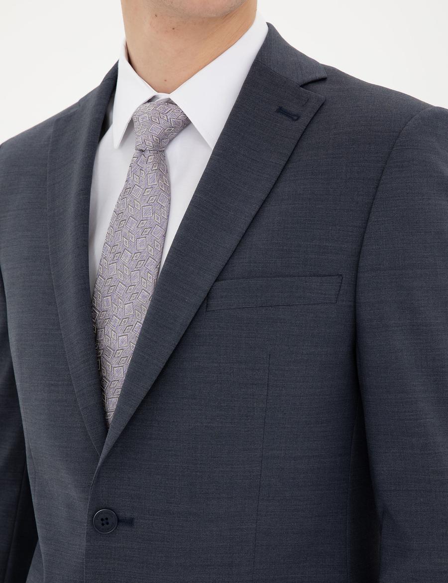 Koyu Mavi Slim Fit Yün Karışımlı Takım Elbise