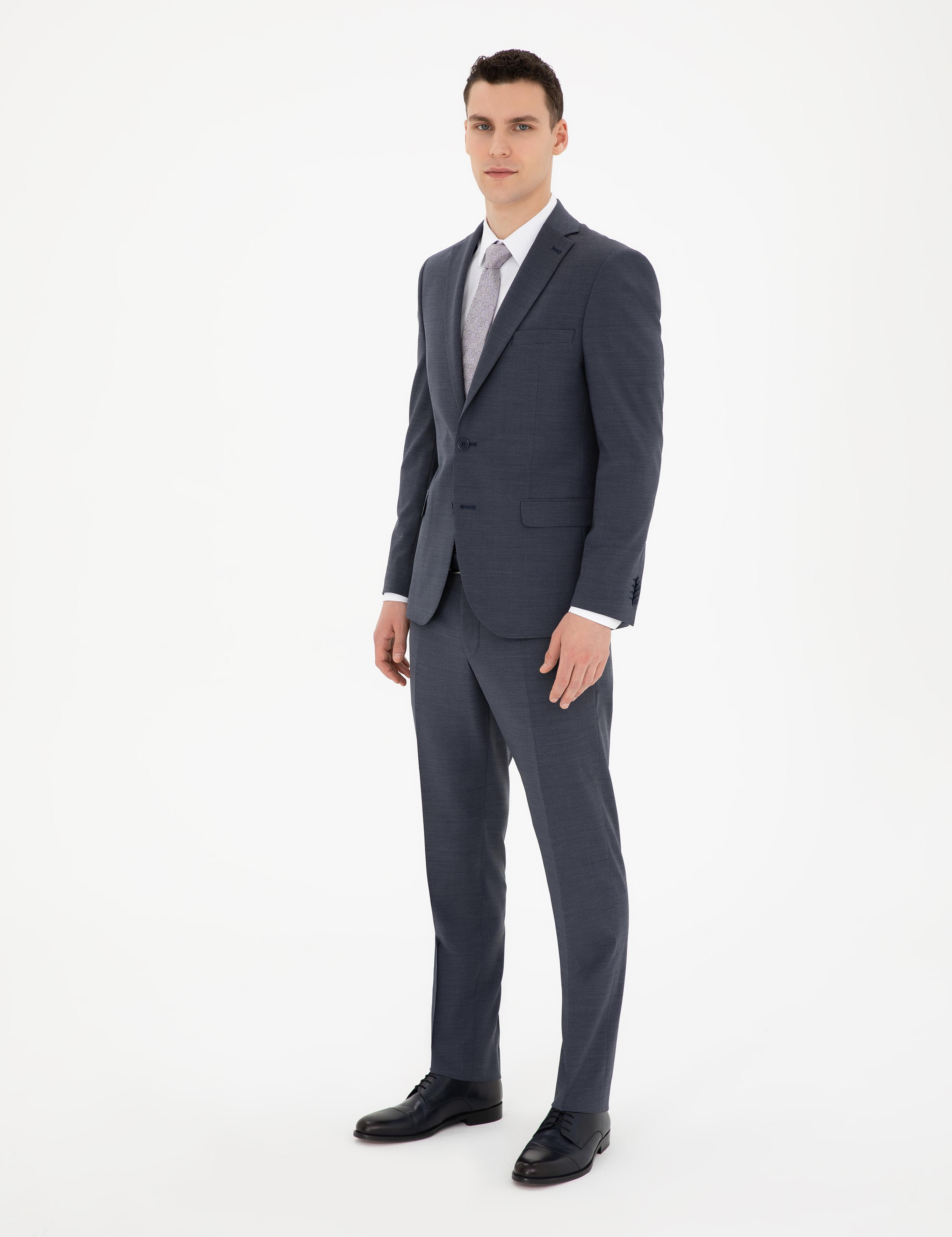 Koyu Mavi Slim Fit Yün Karışımlı Takım Elbise