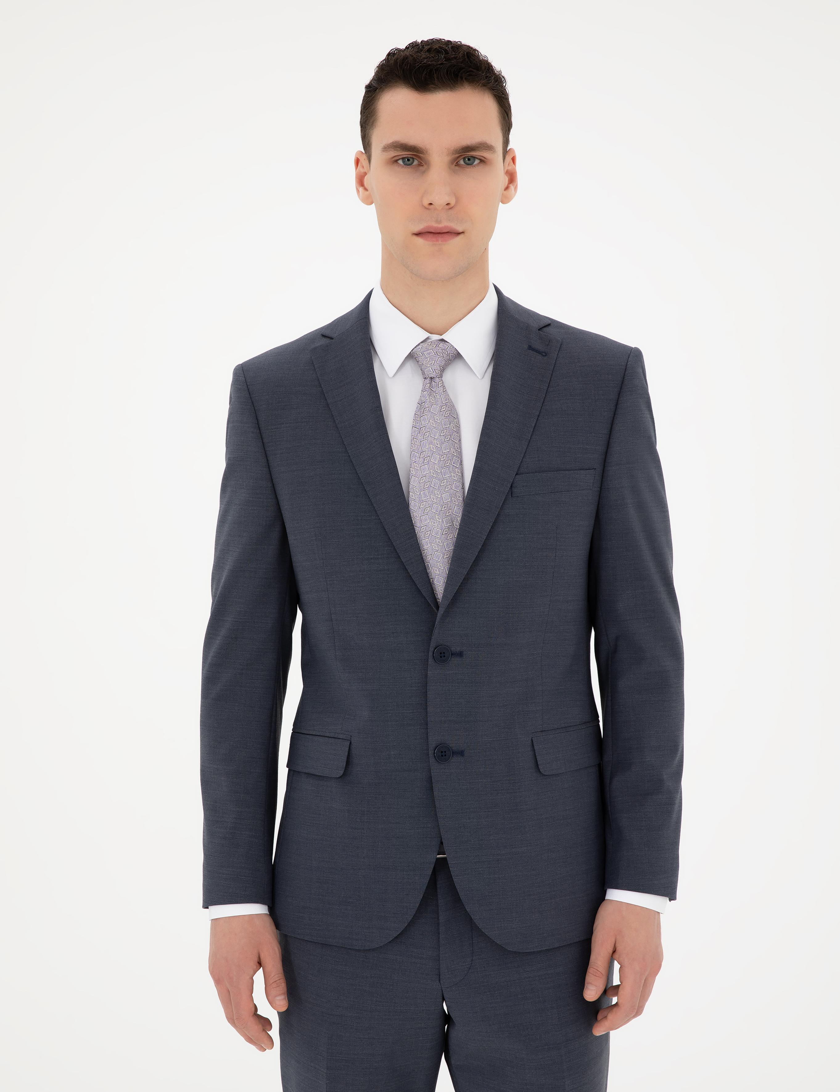 Koyu Mavi Slim Fit Yün Karışımlı Takım Elbise