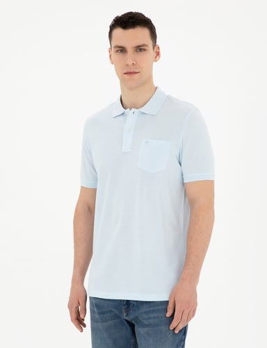 Açık Mavi Regular Fit %100 Pamuk Düğmeli Polo Yaka Basic Tişört