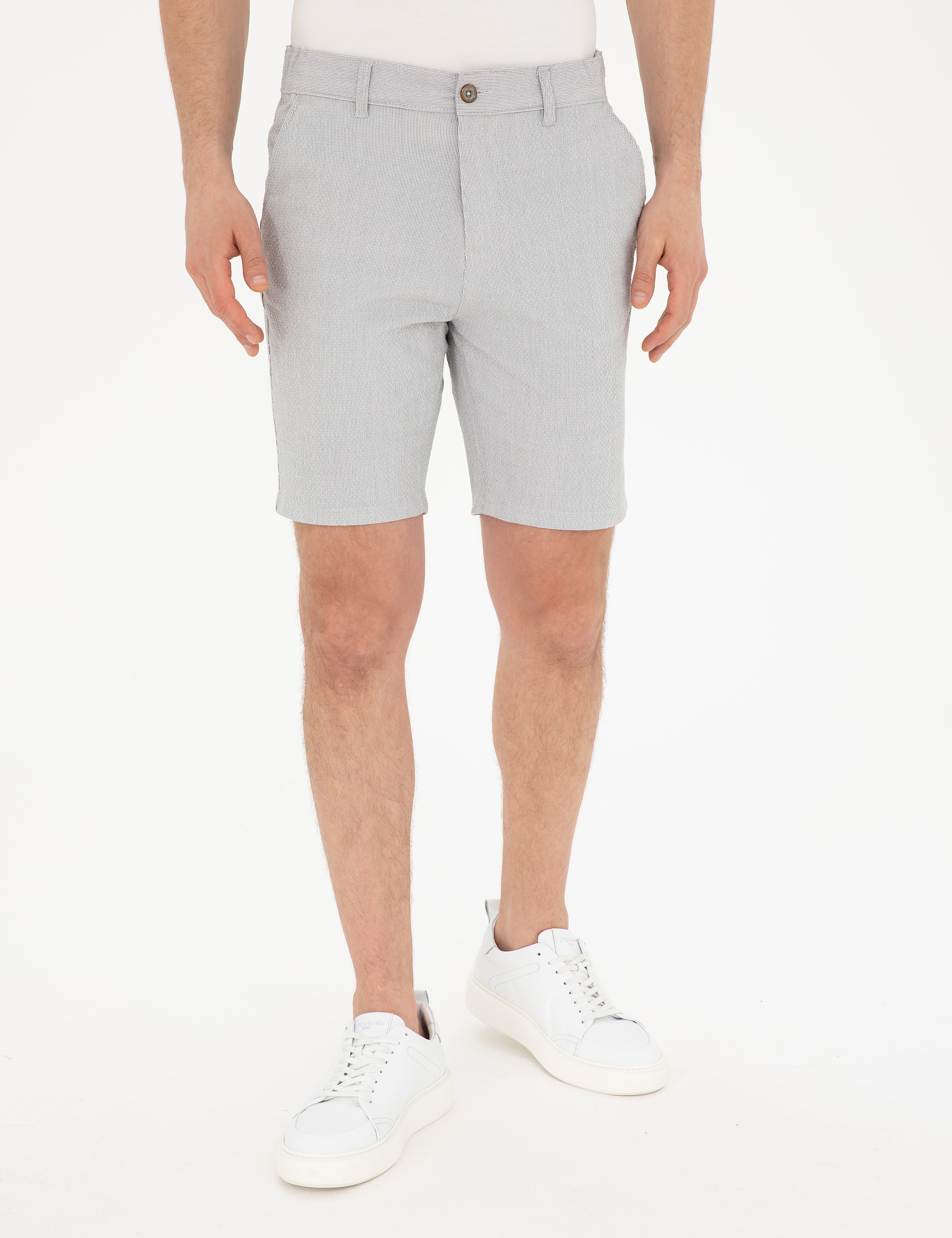 Gri Slim Fit Gofre Dokuma Şort
