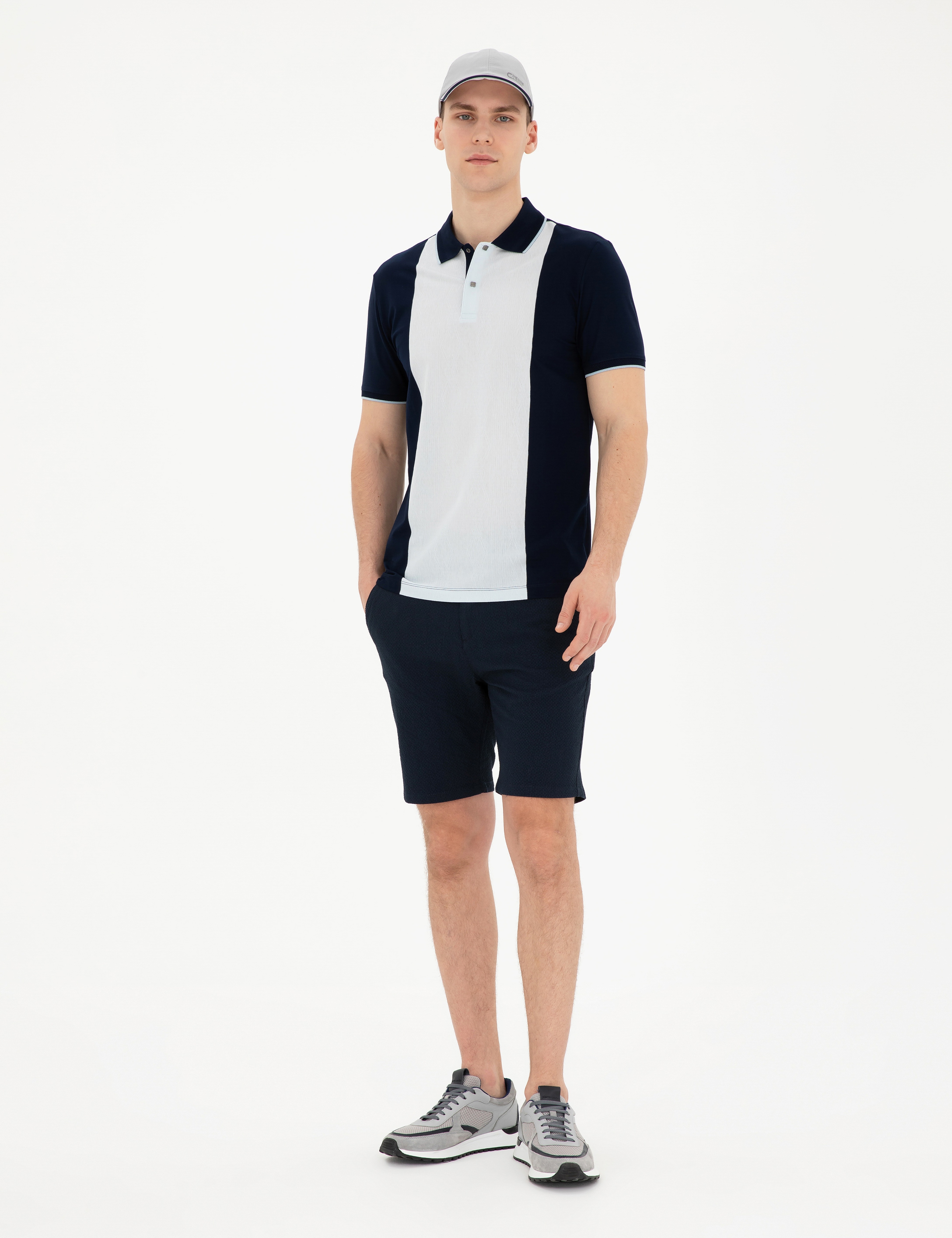 Lacivert Slim Fit Gofre Dokuma Şort - Image 1