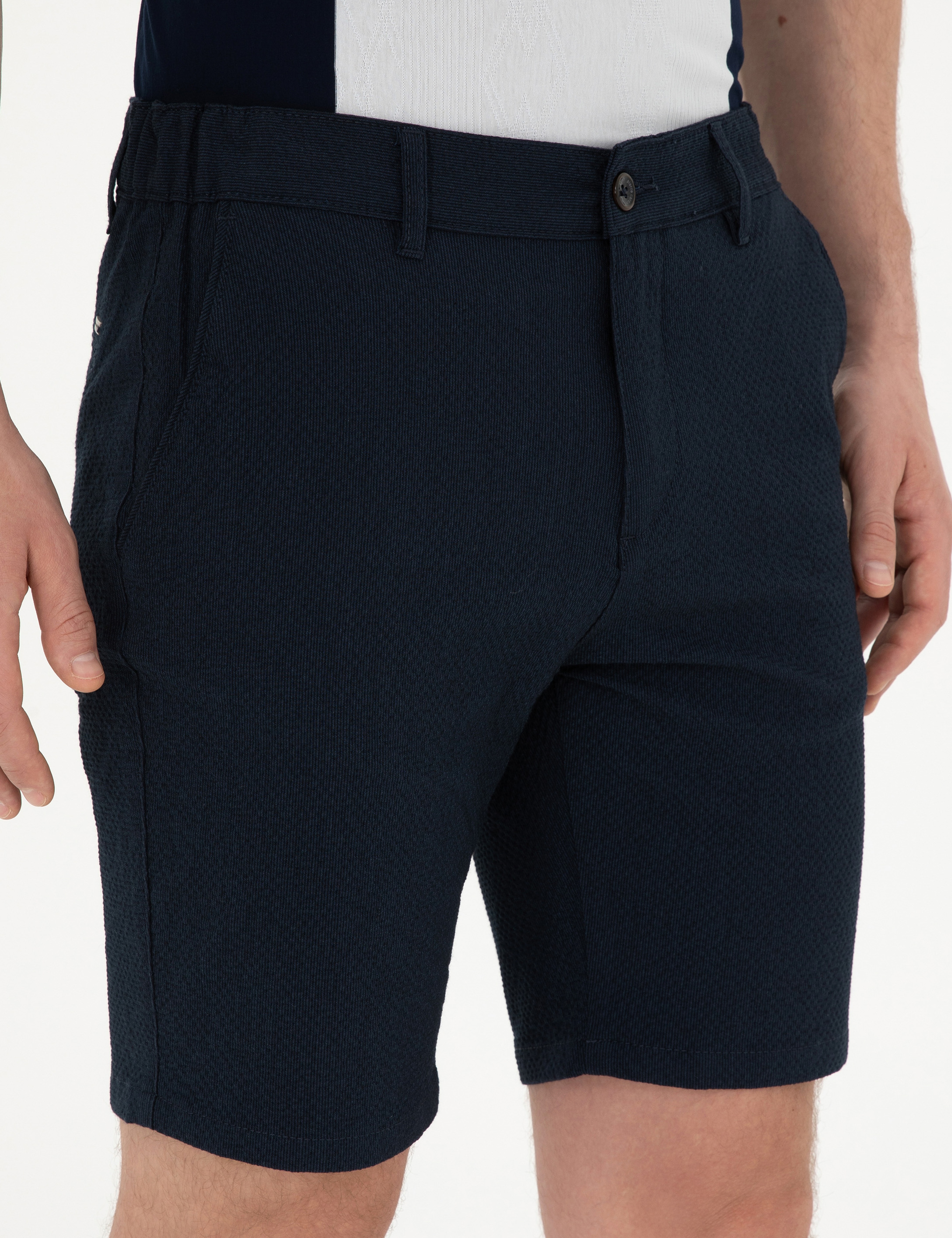 Lacivert Slim Fit Gofre Dokuma Şort