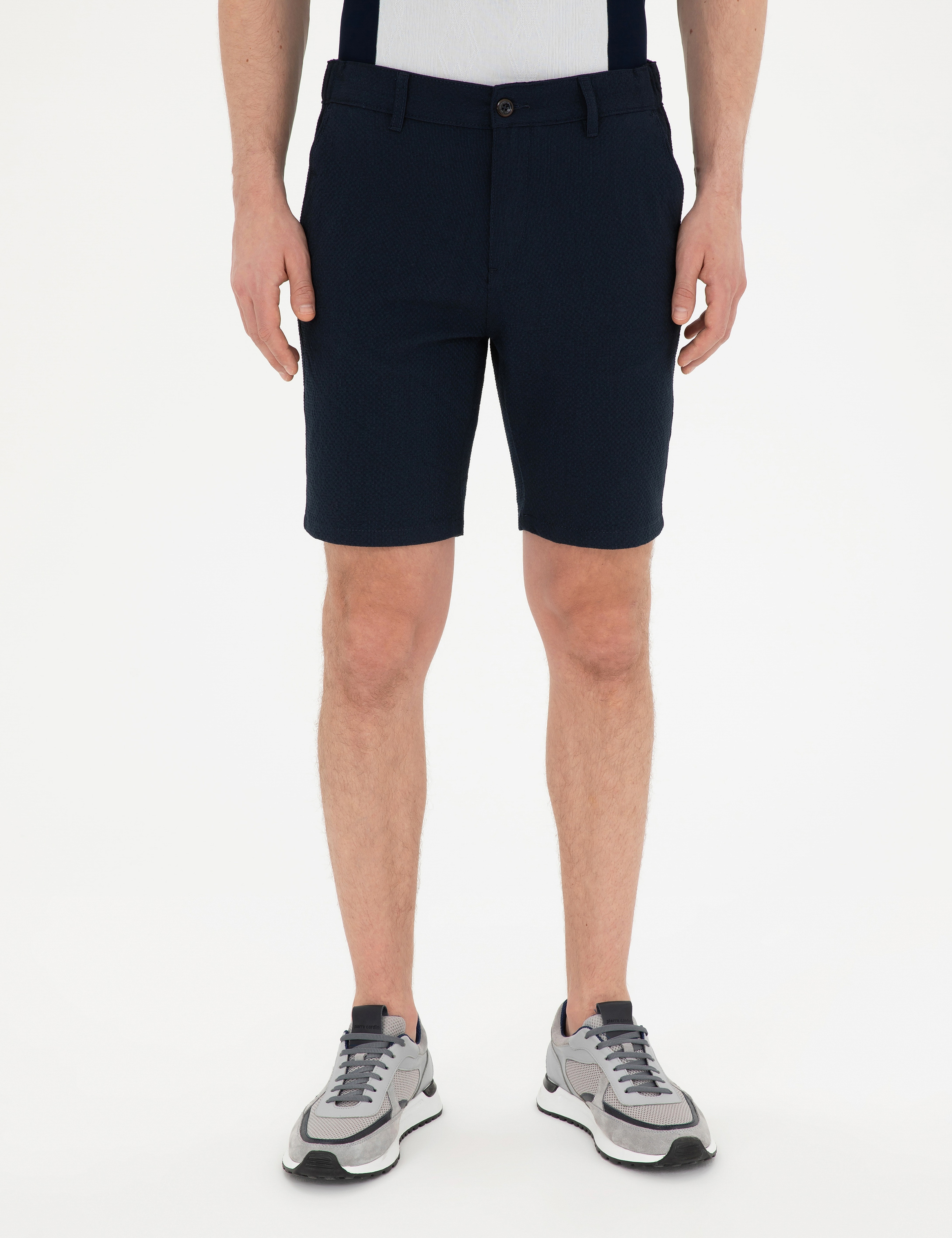 Lacivert Slim Fit Gofre Dokuma Şort
