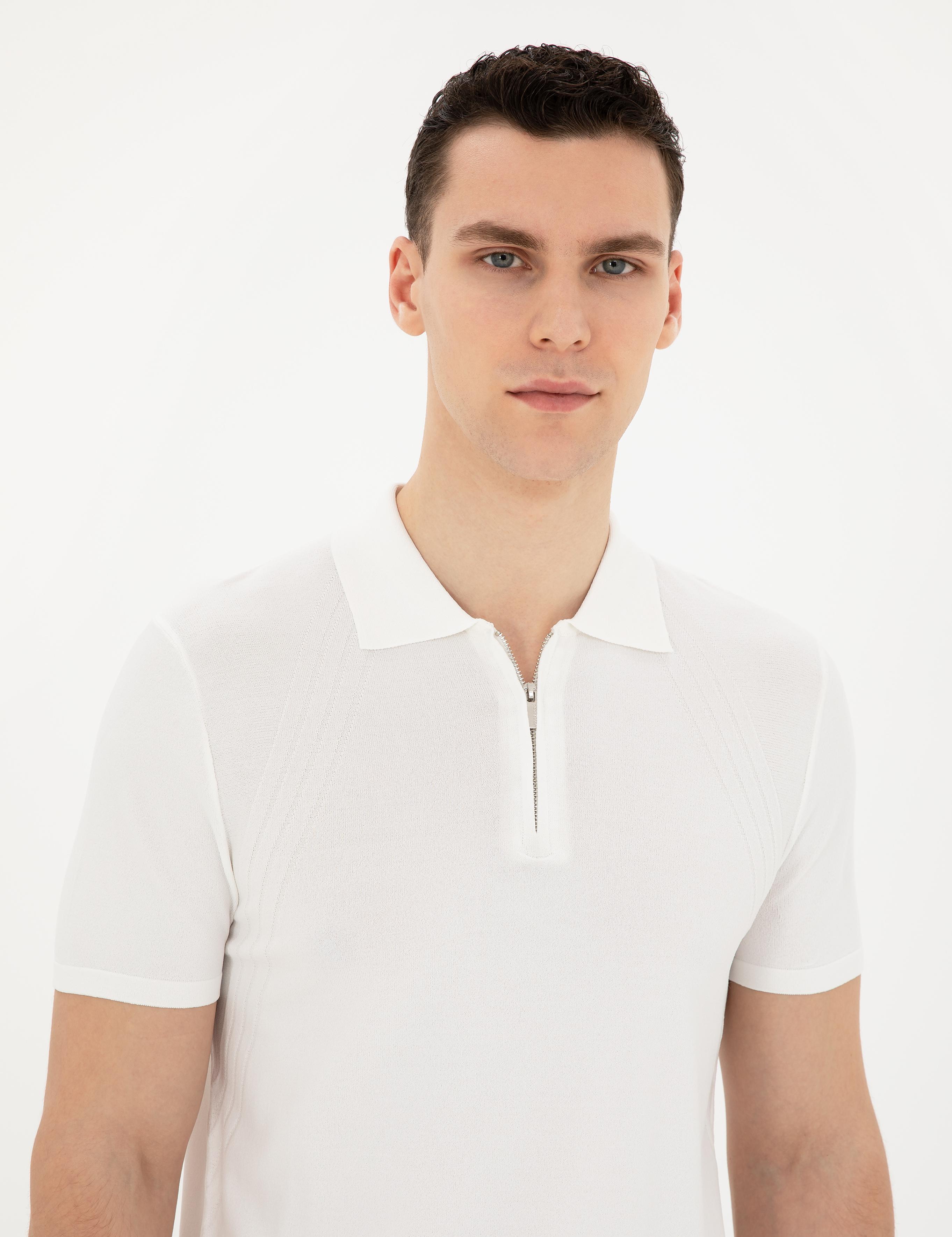 Beyaz Slim Fit Fermuarlı Polo Yaka Triko Tişört
