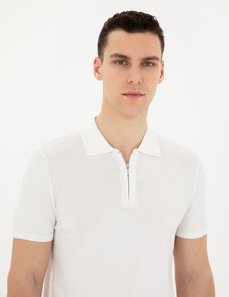 Beyaz Slim Fit Fermuarlı Polo Yaka Triko Tişört - 50286085023