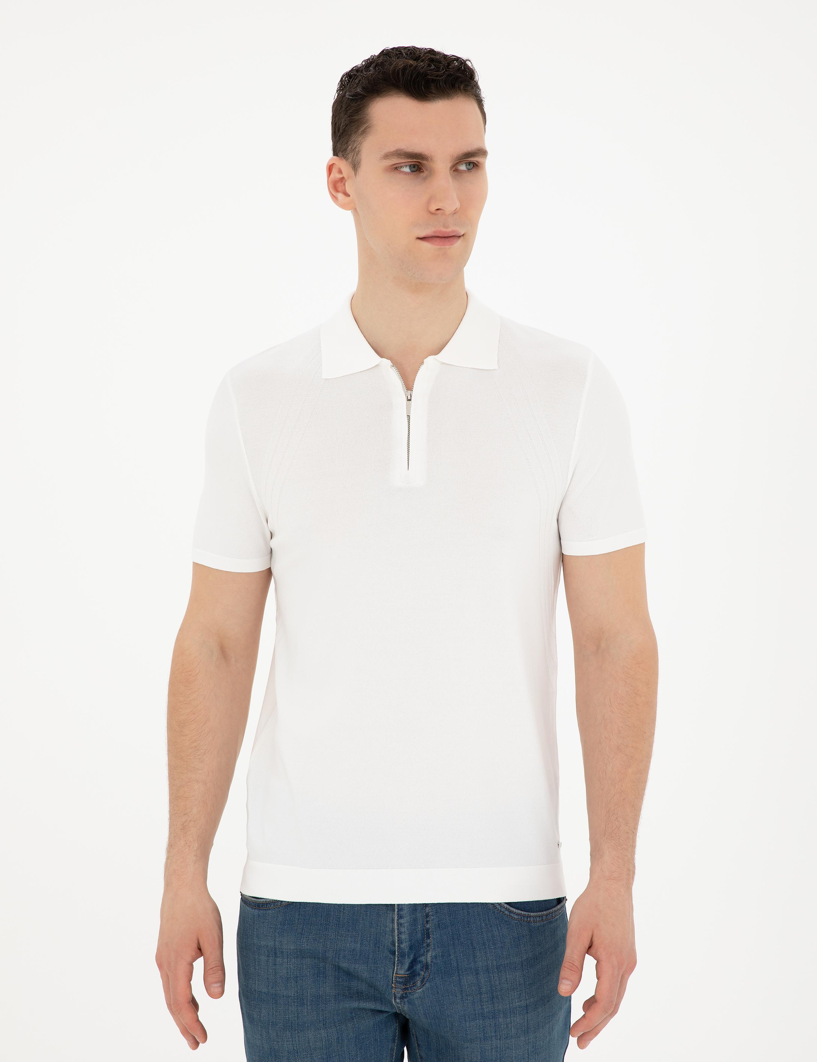 Beyaz Slim Fit Fermuarlı Polo Yaka Triko Tişört