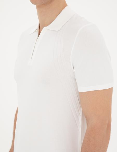 Beyaz Slim Fit Fermuarlı Polo Yaka Triko Tişört - 50286085023
