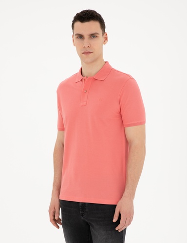 Pembe Slim Fit %100 Pamuk Basic Düğmeli Polo Yaka Basic Tişört