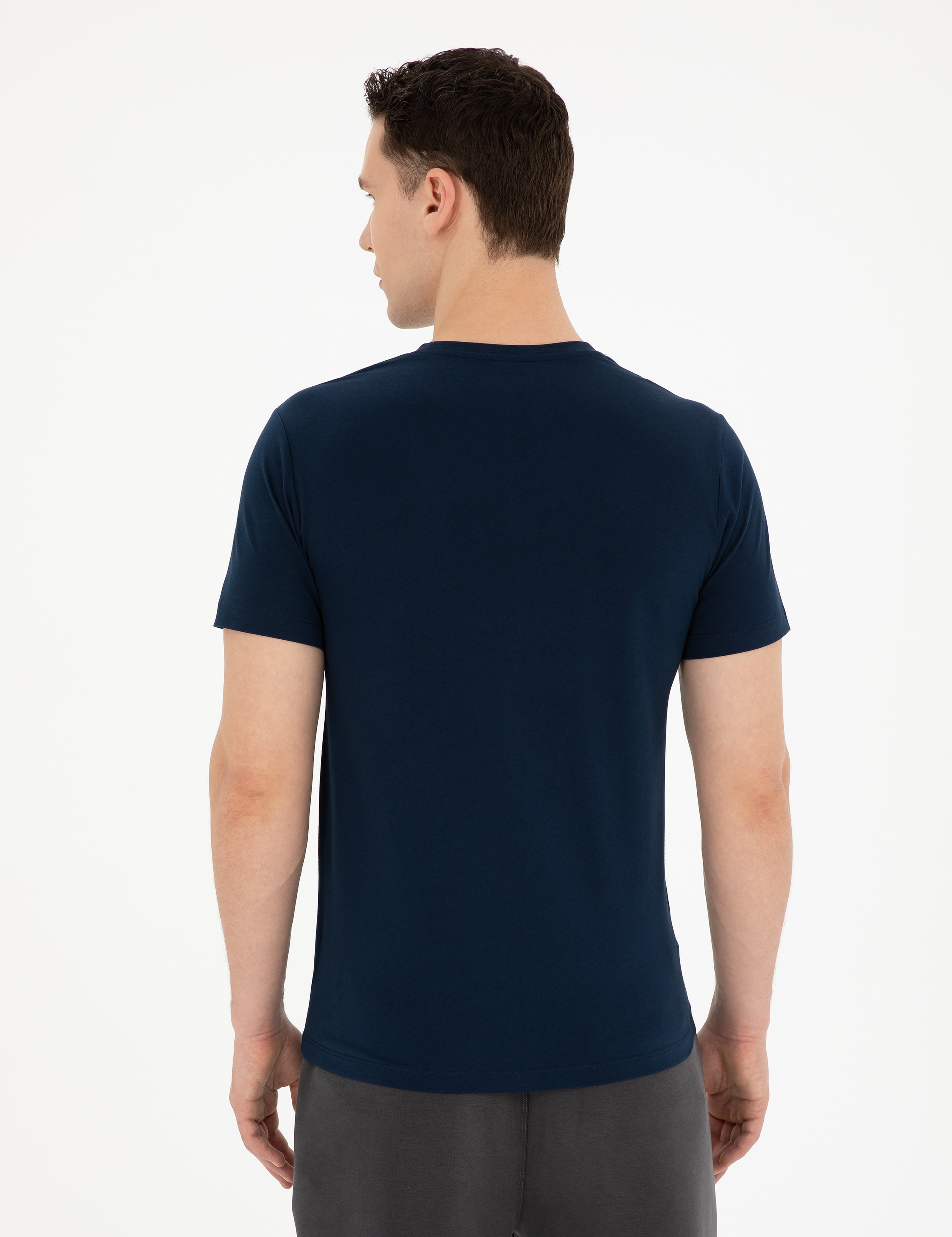 Lacivert Slim Fit %100 Pamuk Bisiklet Yaka Tişört - Image 5