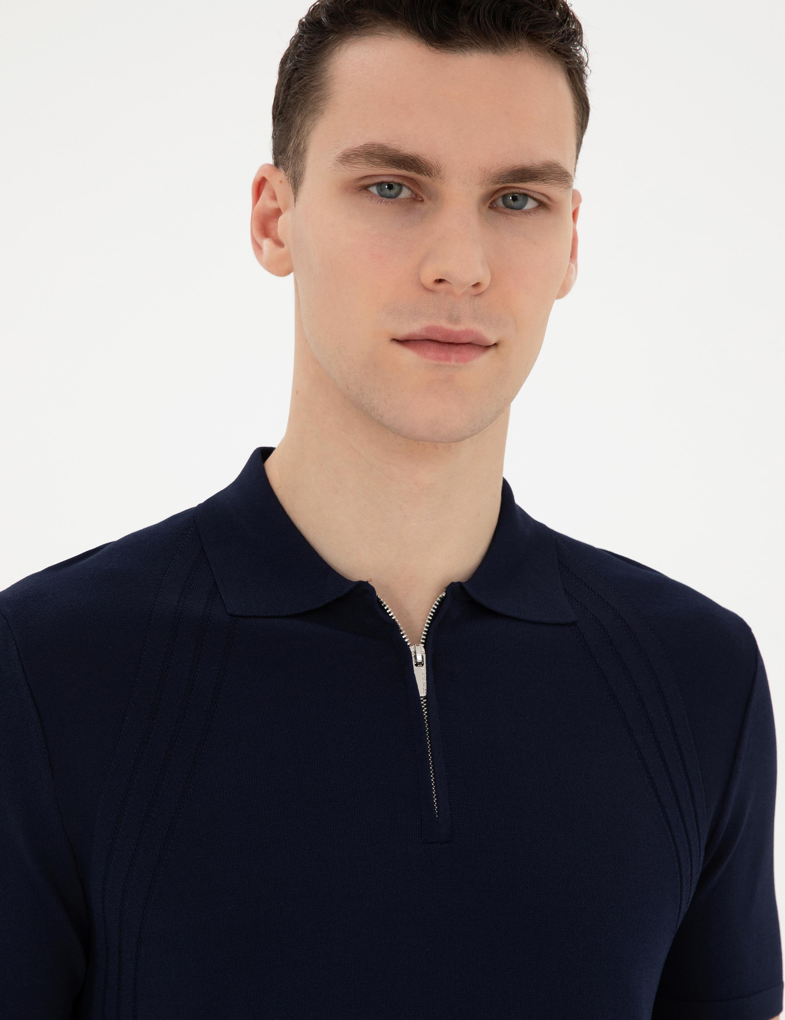 Lacivert Slim Fit Fermuarlı Polo Yaka Triko Tişört