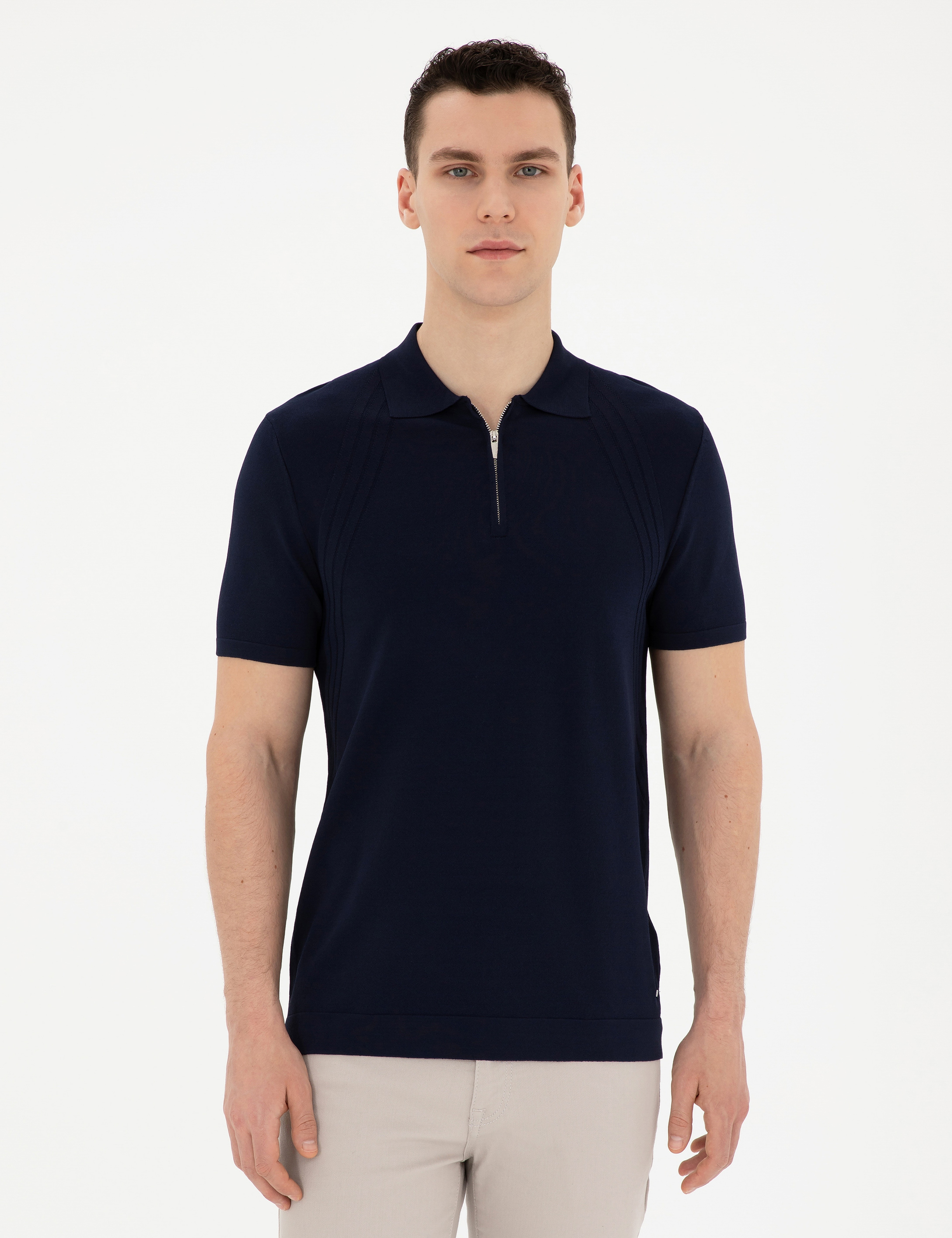 Lacivert Slim Fit Fermuarlı Polo Yaka Triko Tişört - Image 1