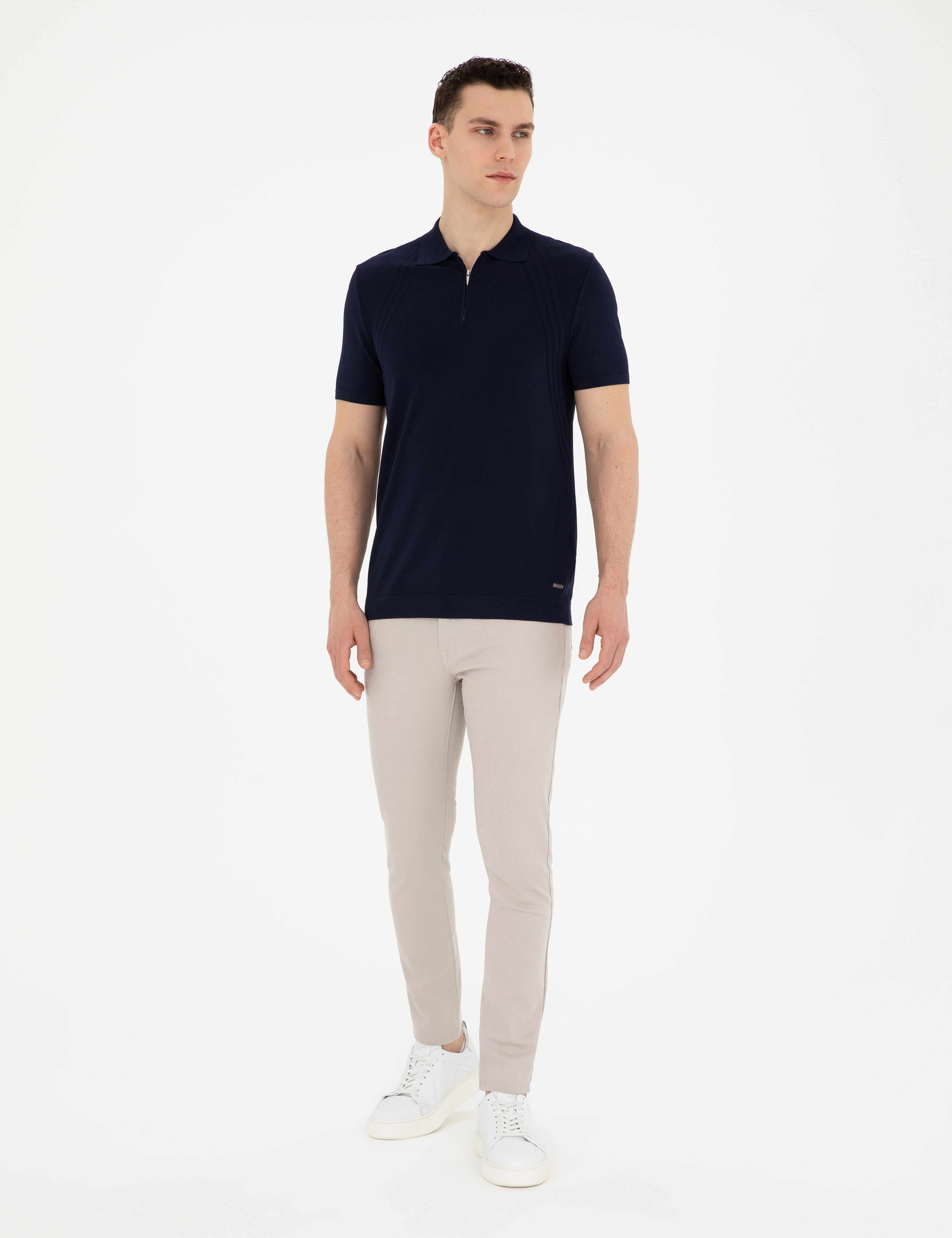 Lacivert Slim Fit Fermuarlı Polo Yaka Triko Tişört - Image 4