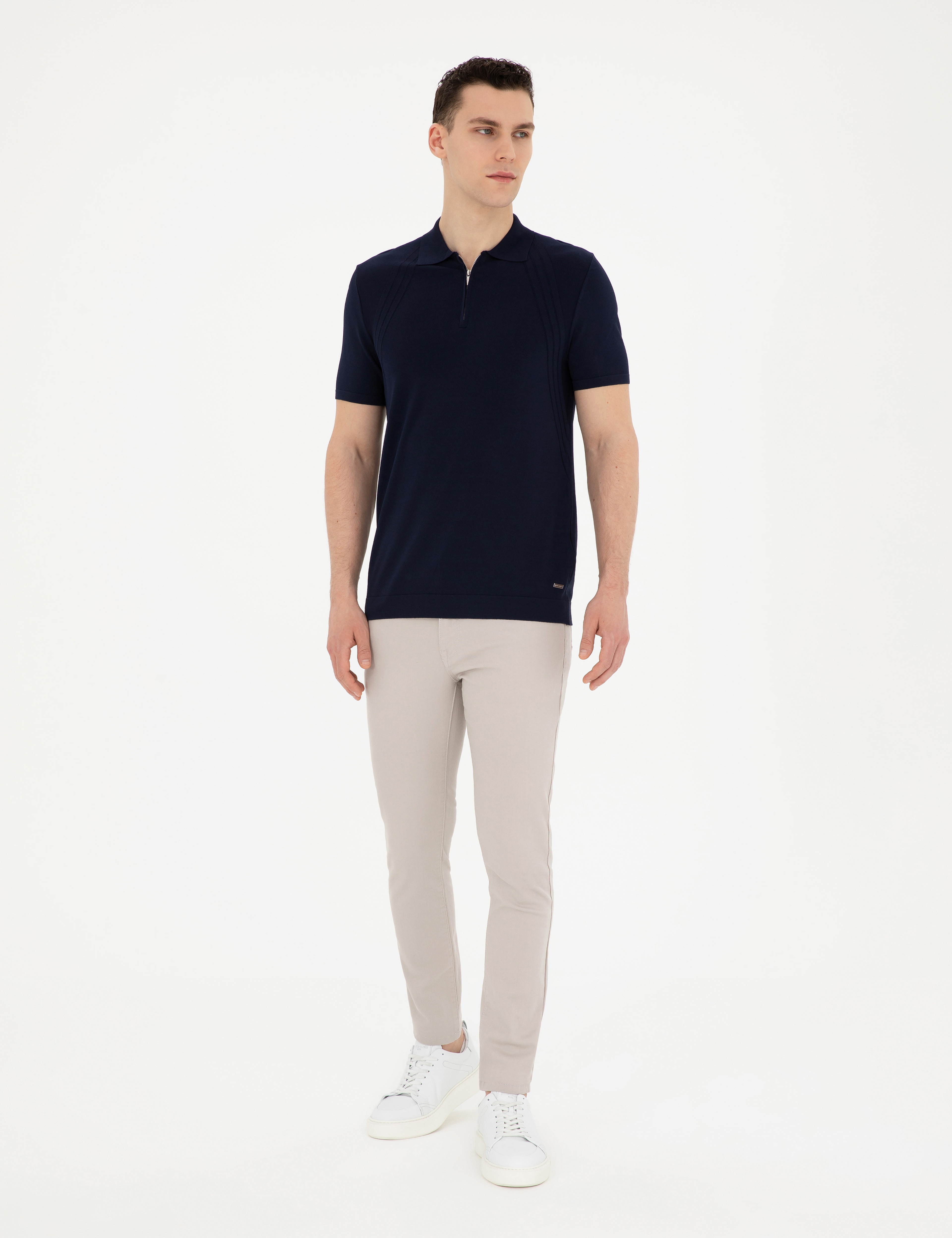Lacivert Slim Fit Fermuarlı Polo Yaka Triko Tişört