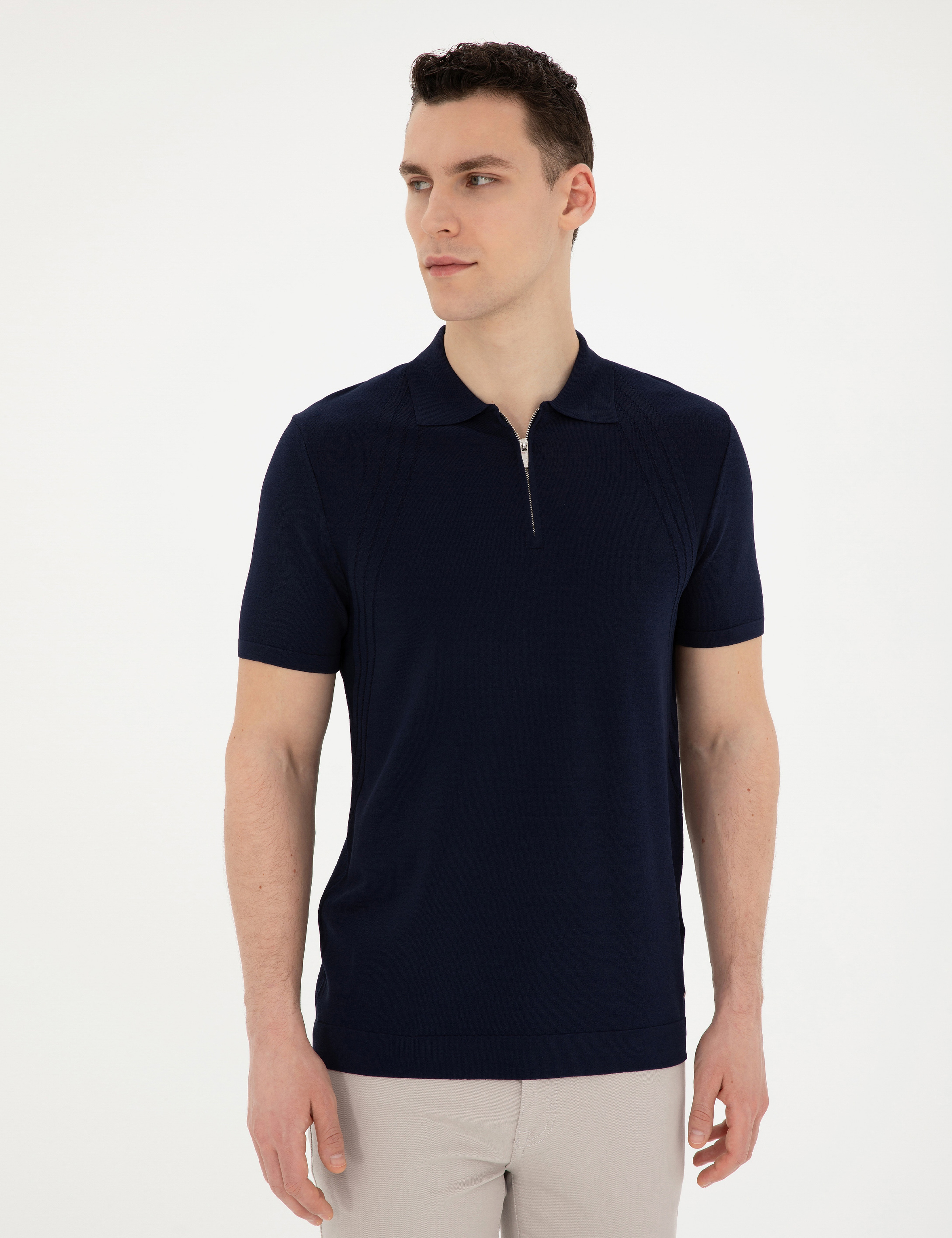 Lacivert Slim Fit Fermuarlı Polo Yaka Triko Tişört - Image 3