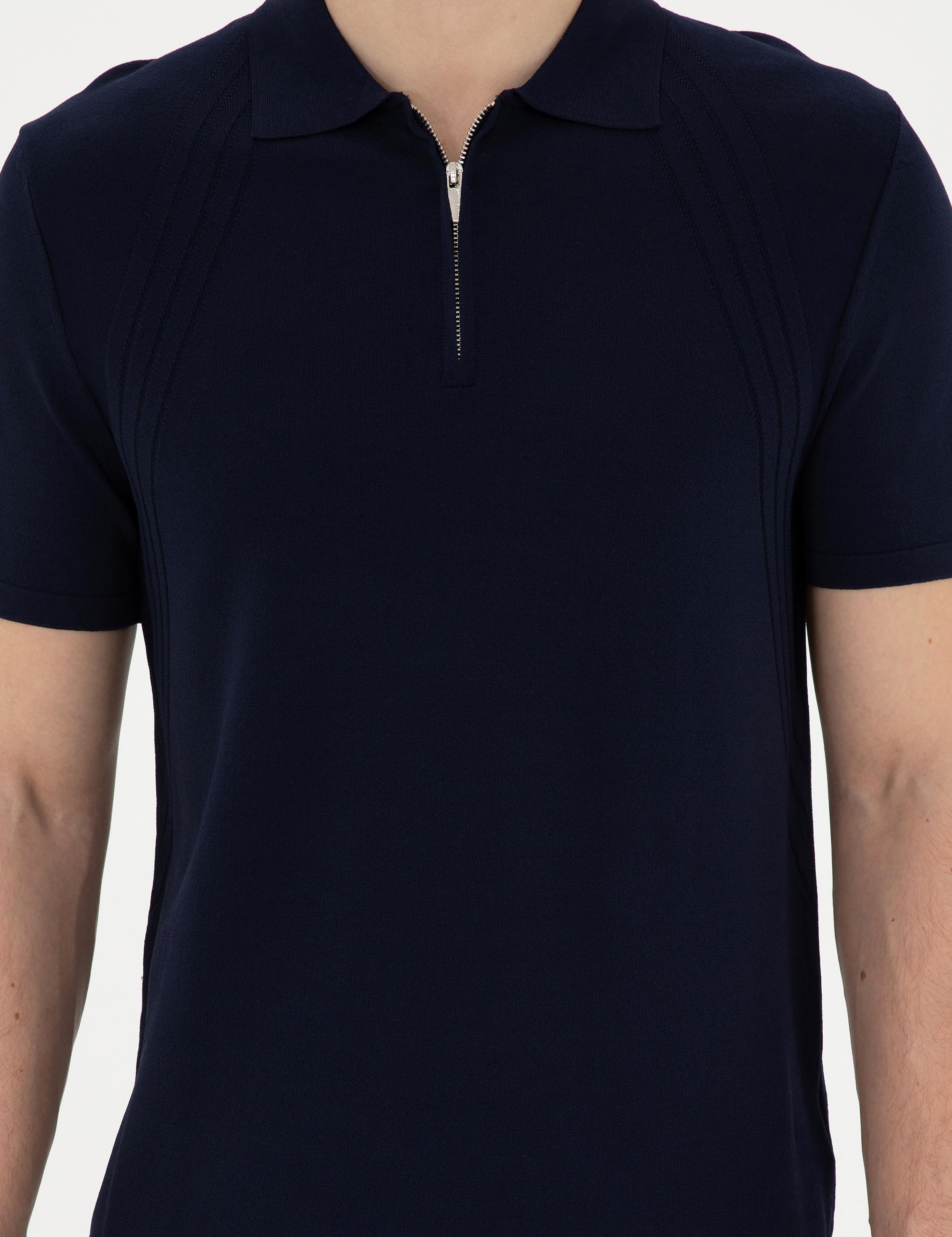 Lacivert Slim Fit Fermuarlı Polo Yaka Triko Tişört