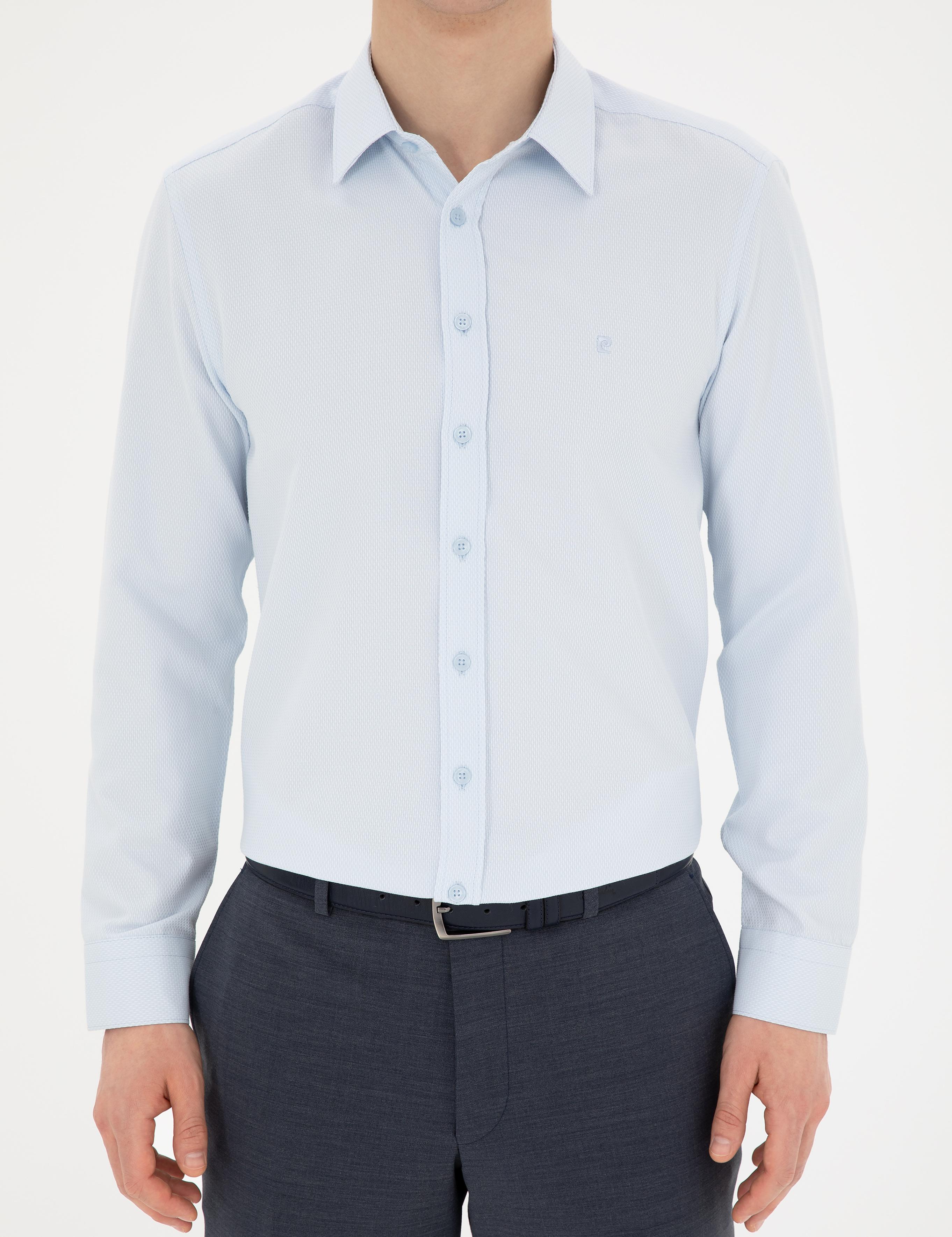 Açık Mavi Slim Fit Armürlü Uzun Kollu Gömlek