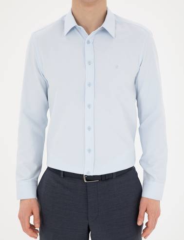 Açık Mavi Slim Fit Armürlü Uzun Kollu Gömlek