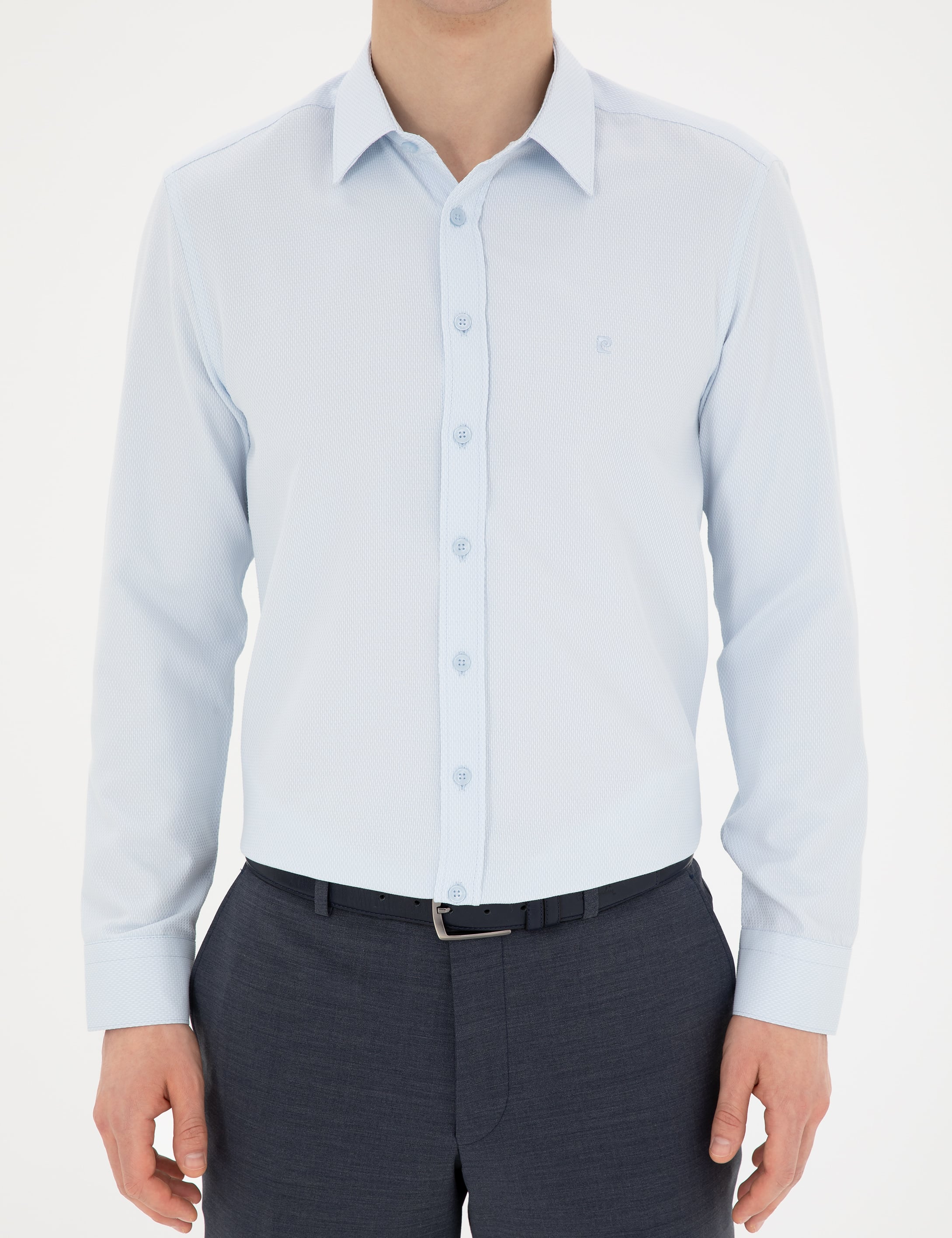 Açık Mavi Slim Fit Armürlü Uzun Kollu Gömlek - Image 6