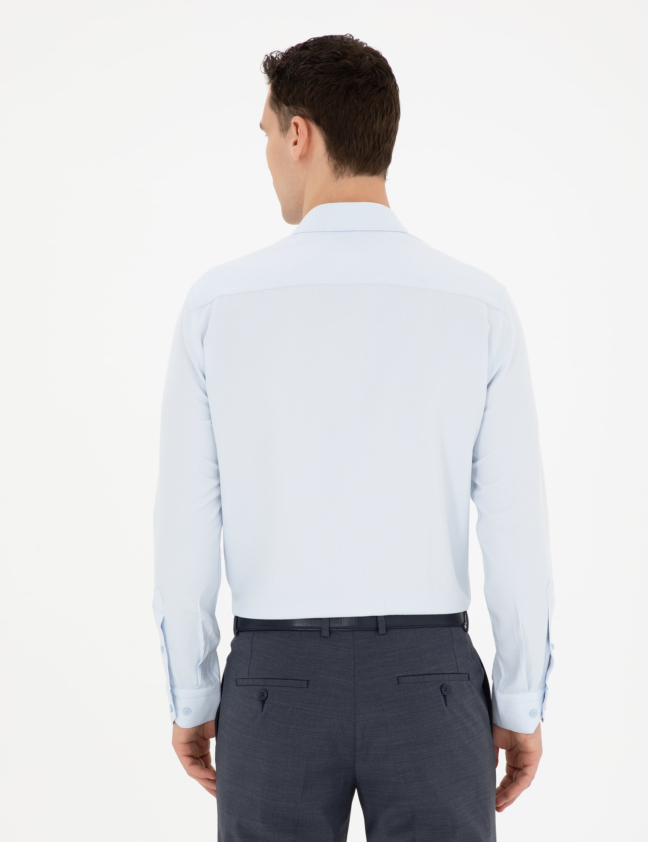 Açık Mavi Slim Fit Armürlü Uzun Kollu Gömlek - Image 5