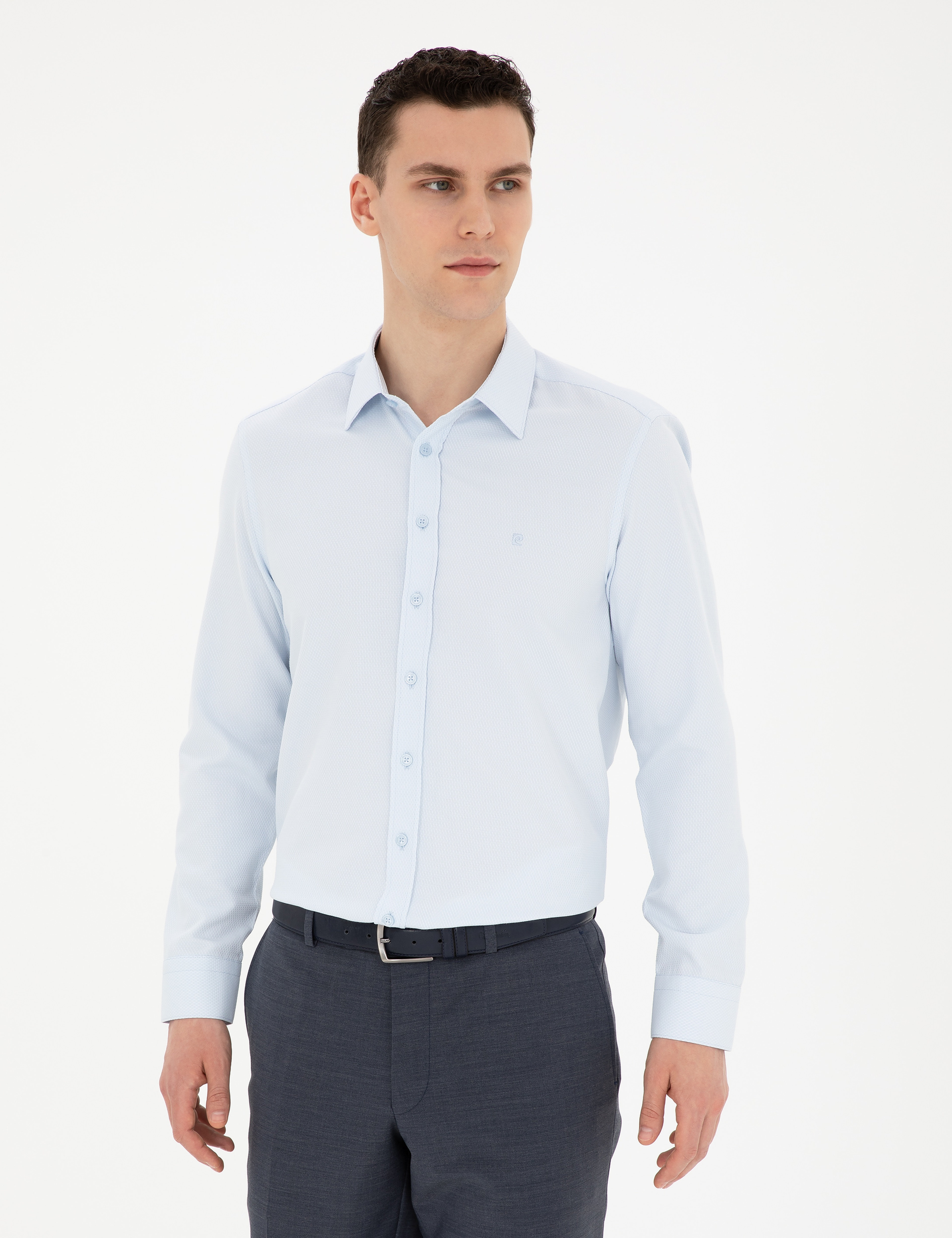 Açık Mavi Slim Fit Armürlü Uzun Kollu Gömlek - Image 1