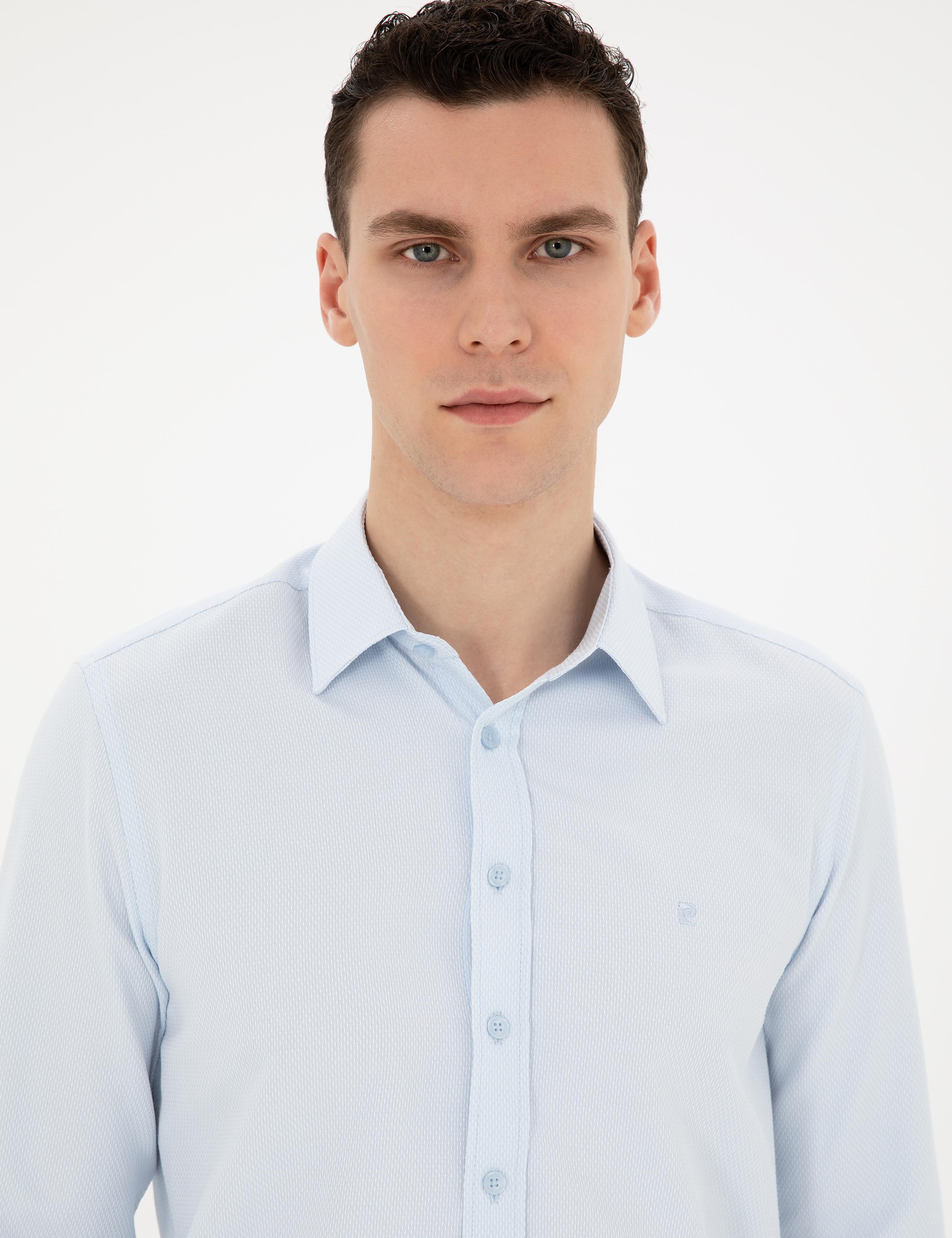 Açık Mavi Slim Fit Armürlü Uzun Kollu Gömlek