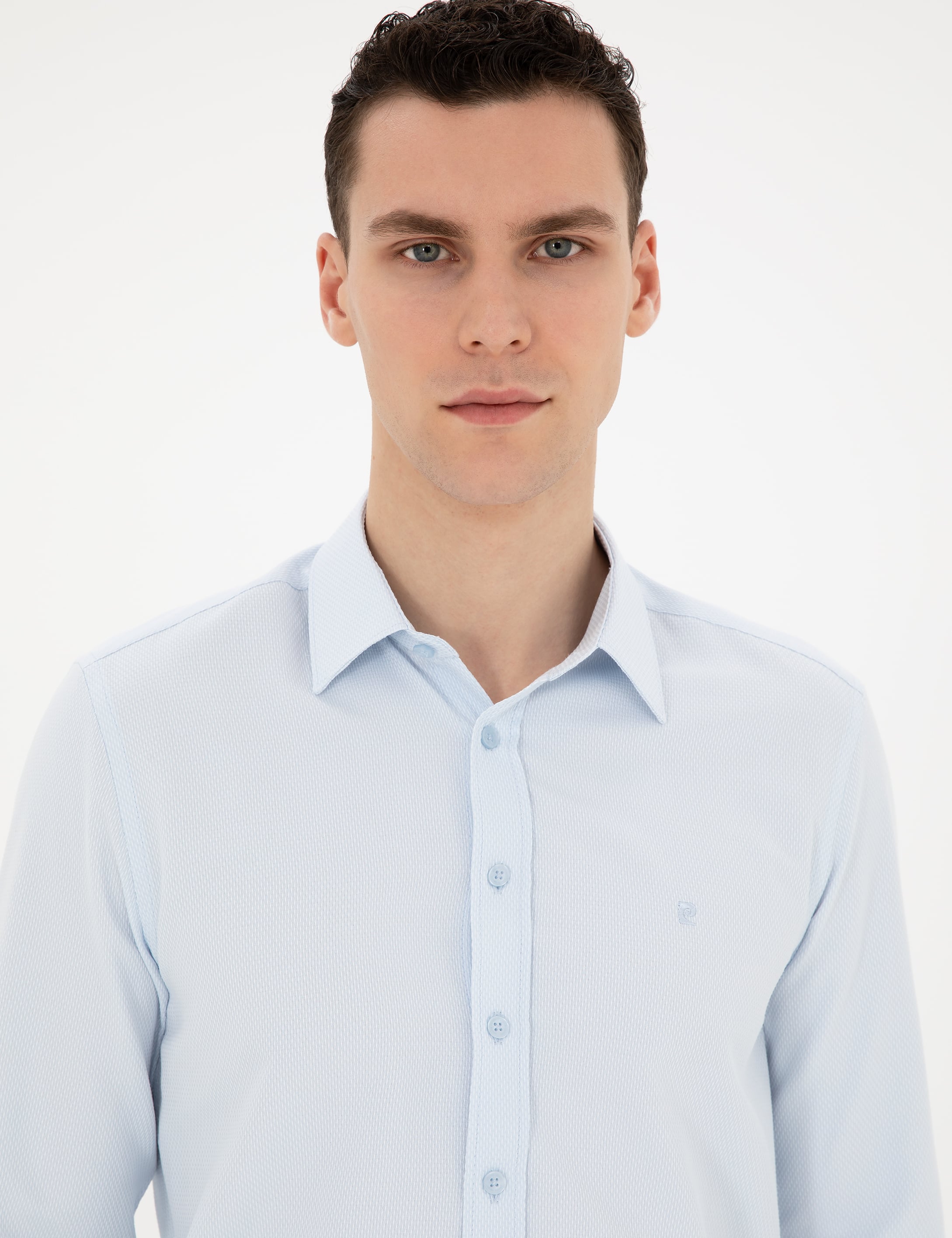 Açık Mavi Slim Fit Armürlü Uzun Kollu Gömlek - Image 2