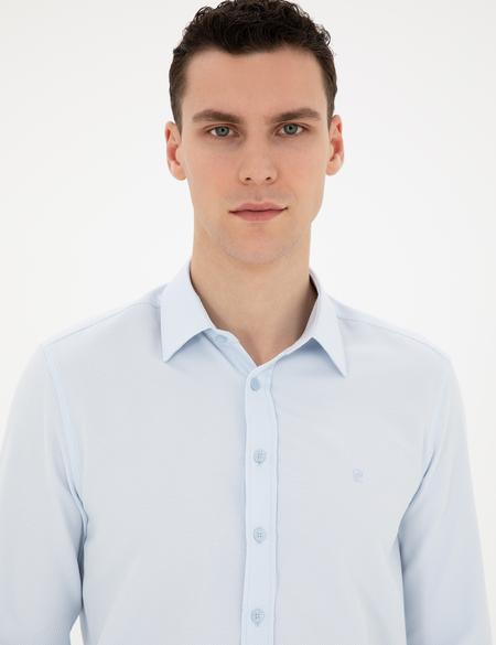 Açık Mavi Slim Fit Armürlü Uzun Kollu Gömlek - 50289391016