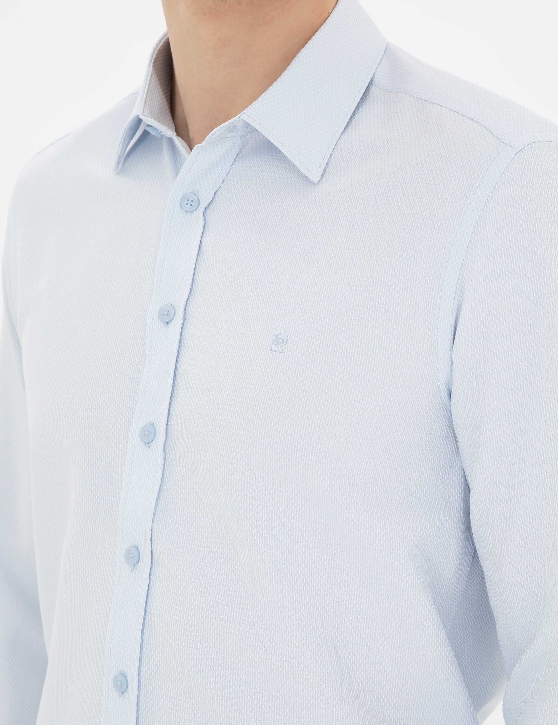 Açık Mavi Slim Fit Armürlü Uzun Kollu Gömlek