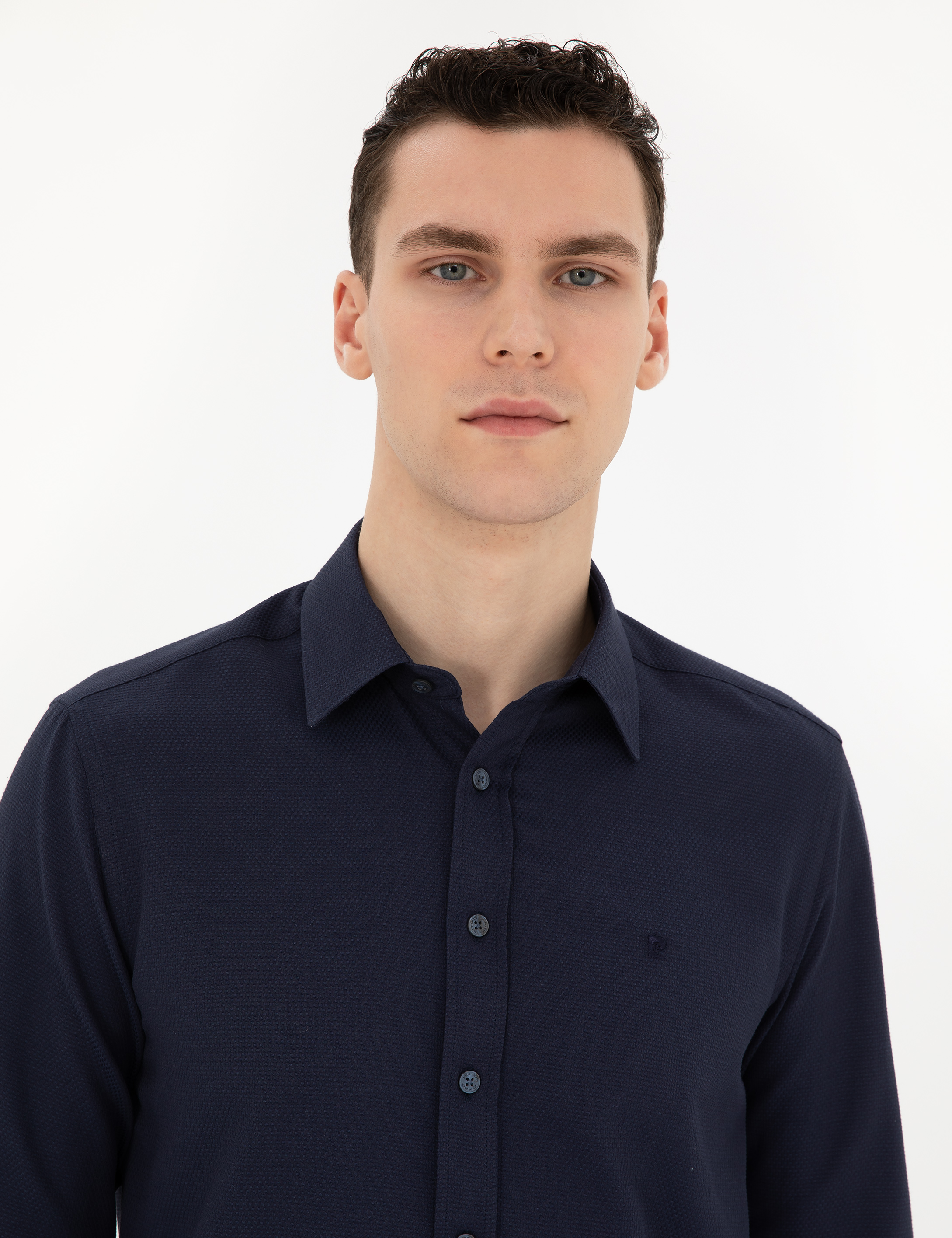 Lacivert Slim Fit Armürlü Uzun Kollu Gömlek - Image 2
