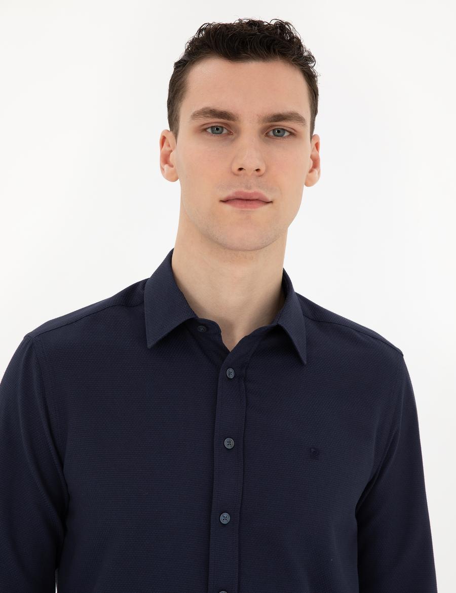 Lacivert Slim Fit Armürlü Uzun Kollu Gömlek